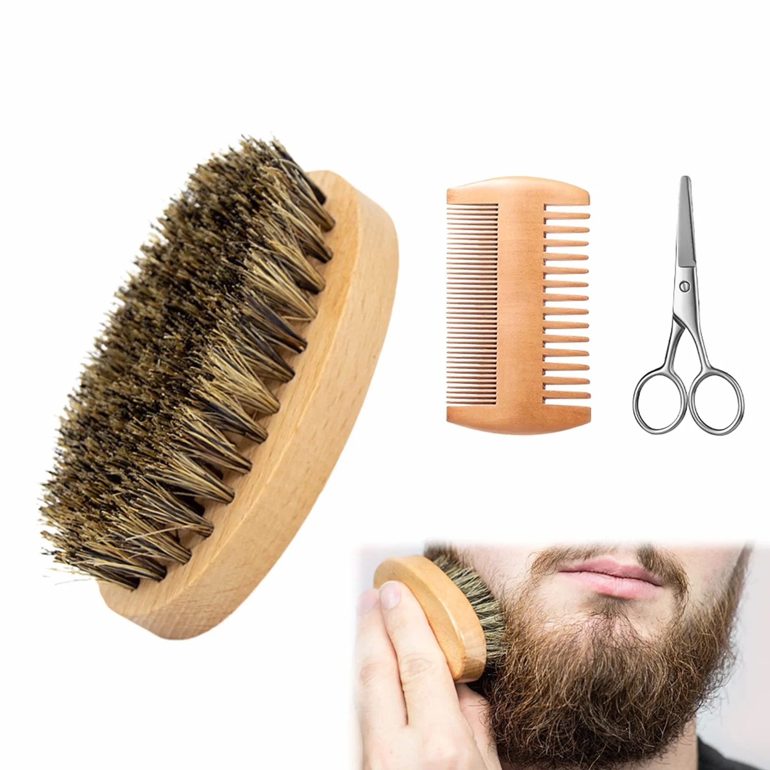 Spazzola Barba Uomo, Setole di Cinghiale, Pettine, Forbici (3pcs)