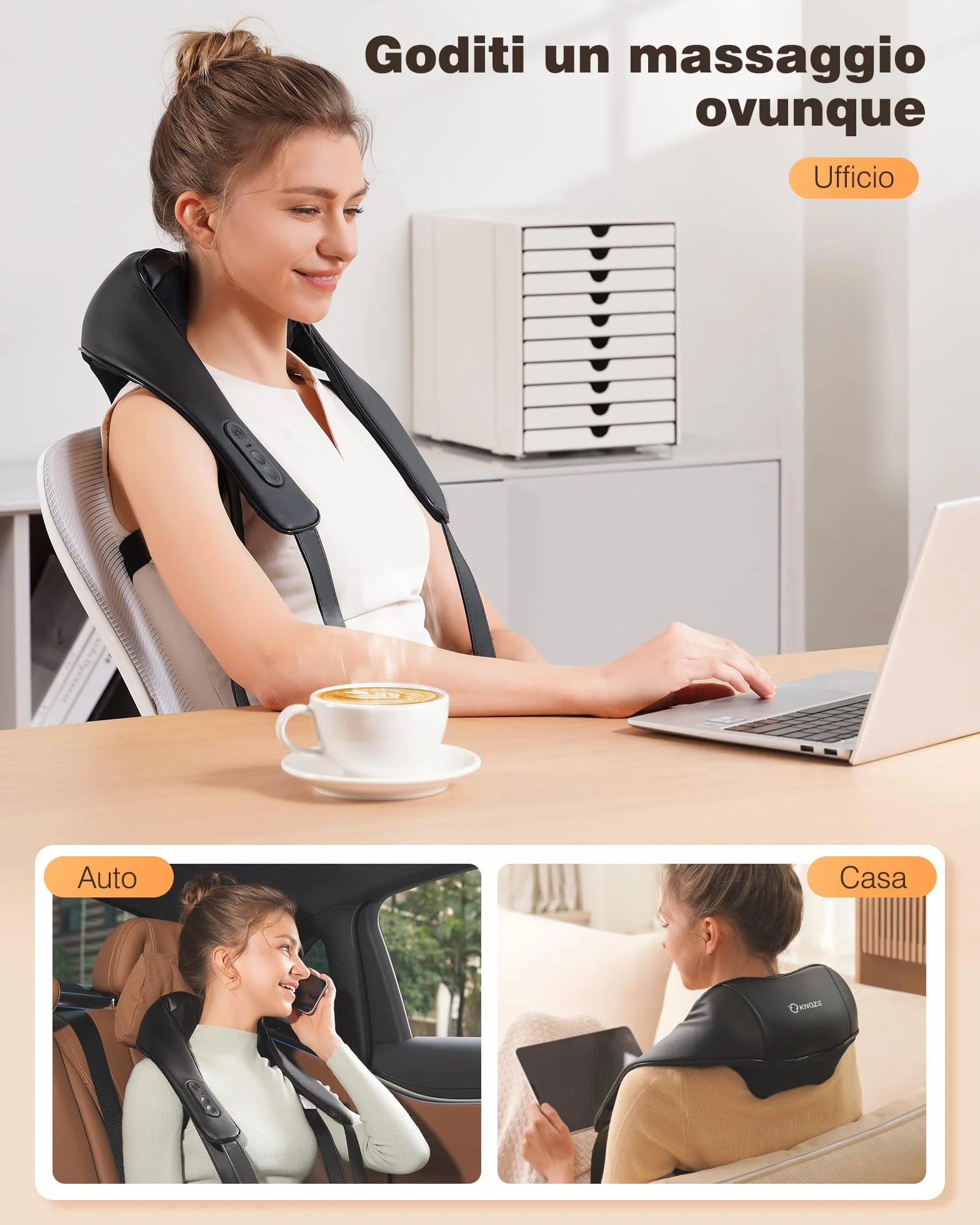 KNQZE® Massaggiatore cervicale senza fili, Massaggiatore schiena e collo ricaricabile, Massaggiatore shiatsu 4D con impastamento profondo, Riscaldamento al grafene potenziato, Regalo festa della mamma