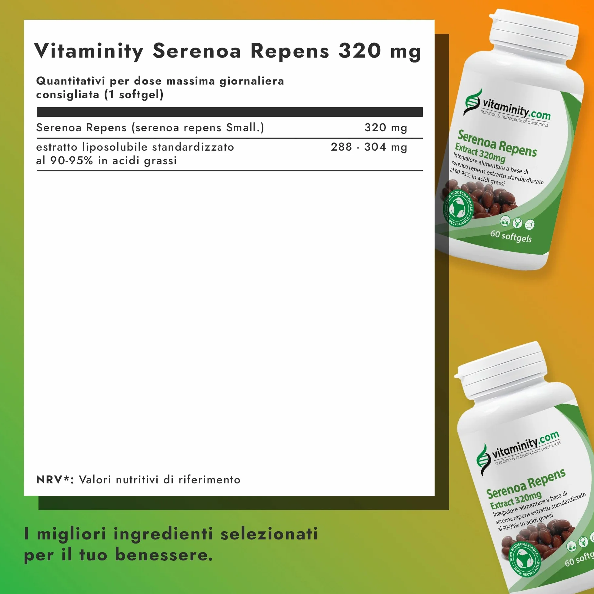 Serenoa Repens 320 mg 90-95% Integratore per Prostata e Capelli 60 Capsule Softgel