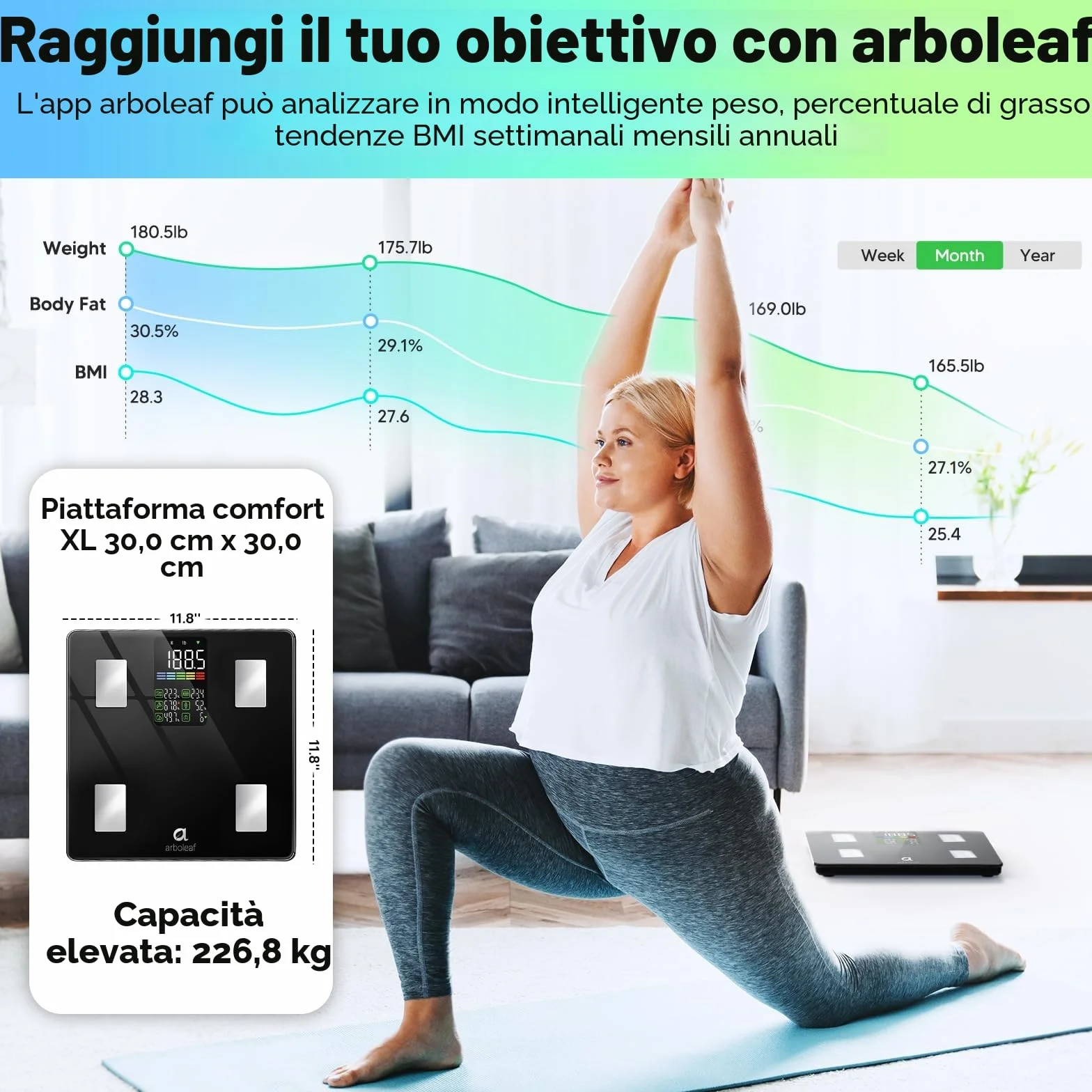 arboleaf Bilancia per il peso corporeo, bilancia da bagno Bluetooth con Smart APP, bilancia pesapersone digitale ad alta precisione per BMI, analizzatore di composizione corporea 14, 400lb/180kg