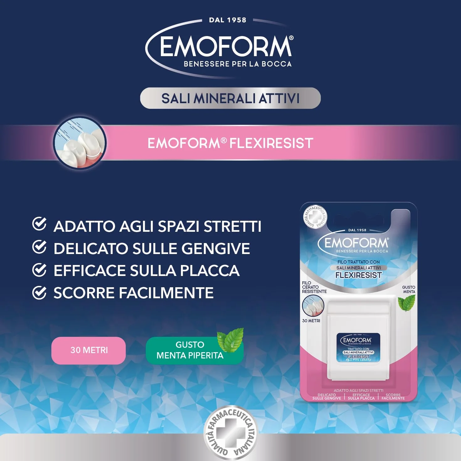 Emoform Filo Interdentale Flexiresist Cerato - Trattato con Sali Minerali e Menta, 30mt - Delicato sulle Gengive Infiammate con Scorrevolezza Ottimale per una Pulizia Denti Profonda.