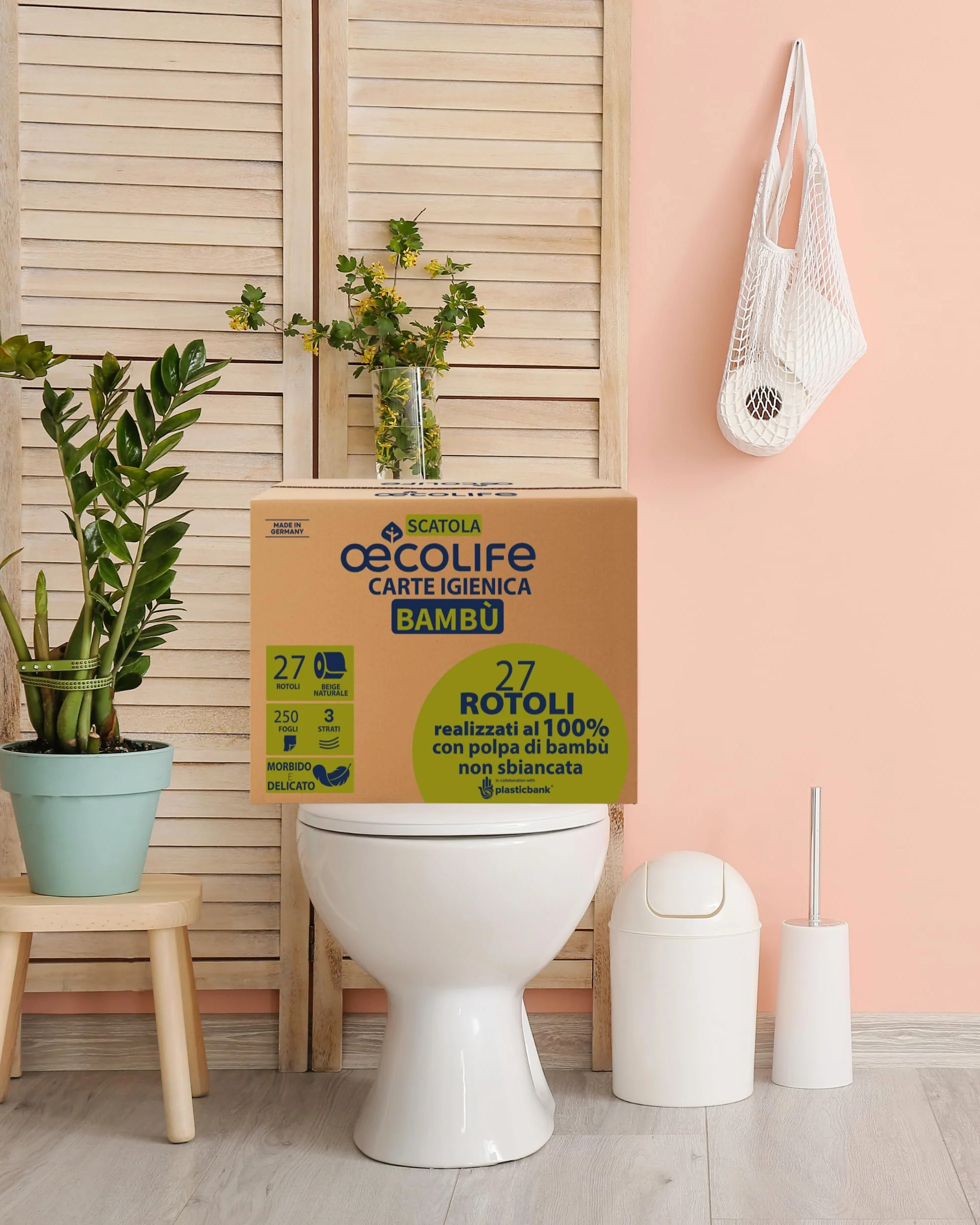 Oecolife scatola di carta igienica in bambù 3 strati 27 rotoli 250 fogli vegana sostenibile