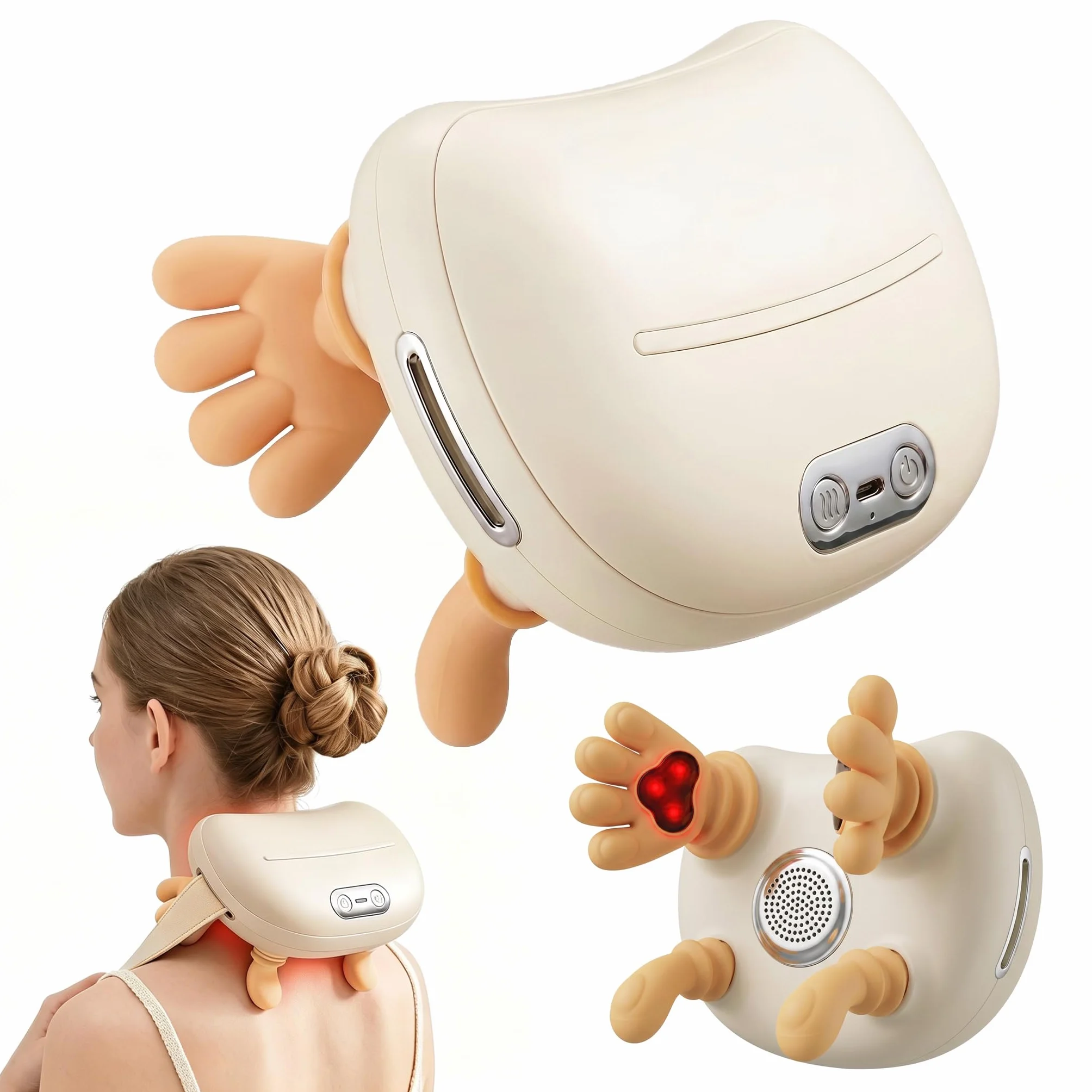 Massaggiatore Cervicale 4D a Mano Bionica, Masajeador de cuello recargable por USB, 3 intensità e 2 livelli di calore (40-45°C), Regalo per uomo o donna
