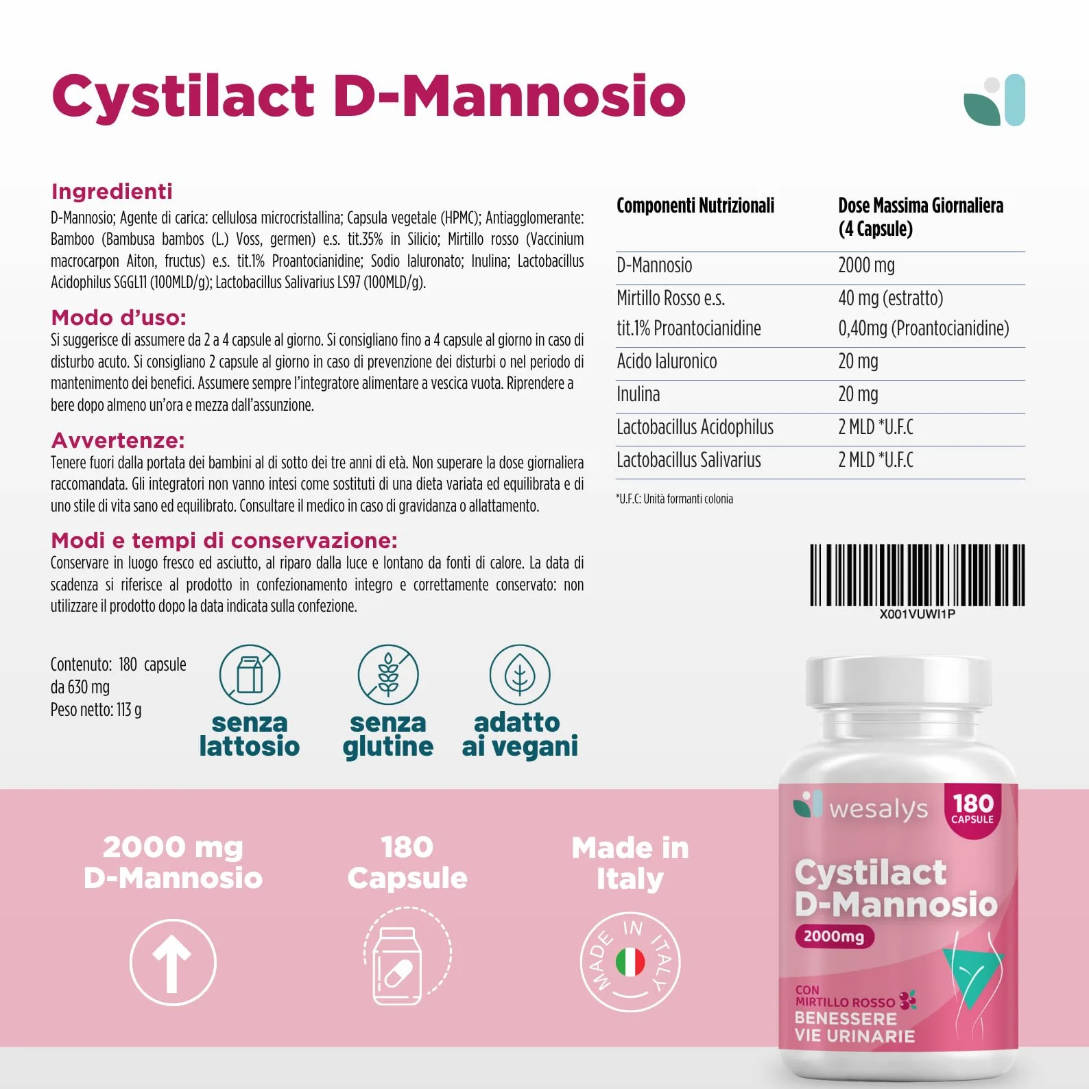 CYSTILACT® D Mannosio Puro 2000mg 180 Capsule con Mirtillo Rosso, Probiotici ed Acido Ialuronico per le Vie Urinarie