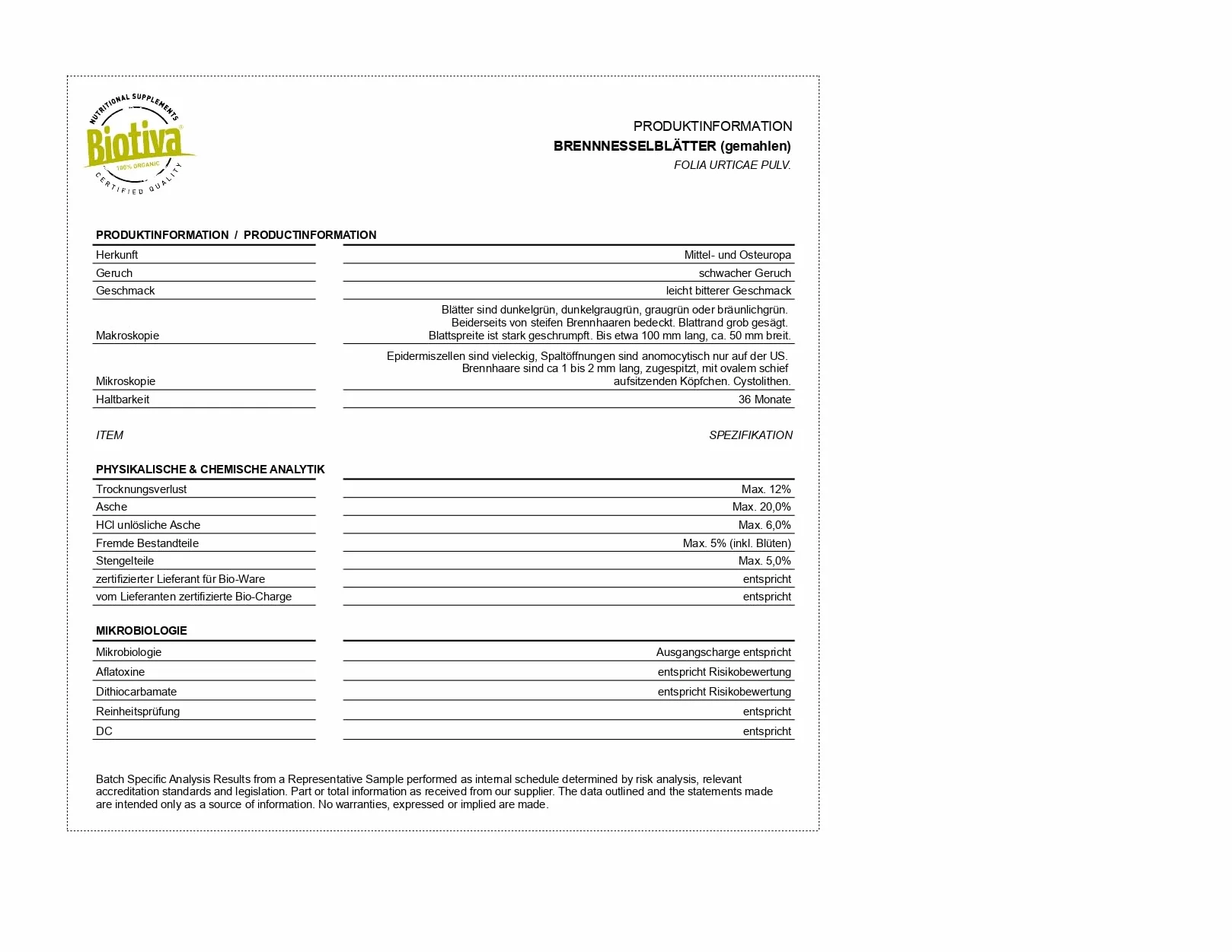 Biotiva Foglie ortica in polvere Bio 500g, foglie macinate, 100% organiche
