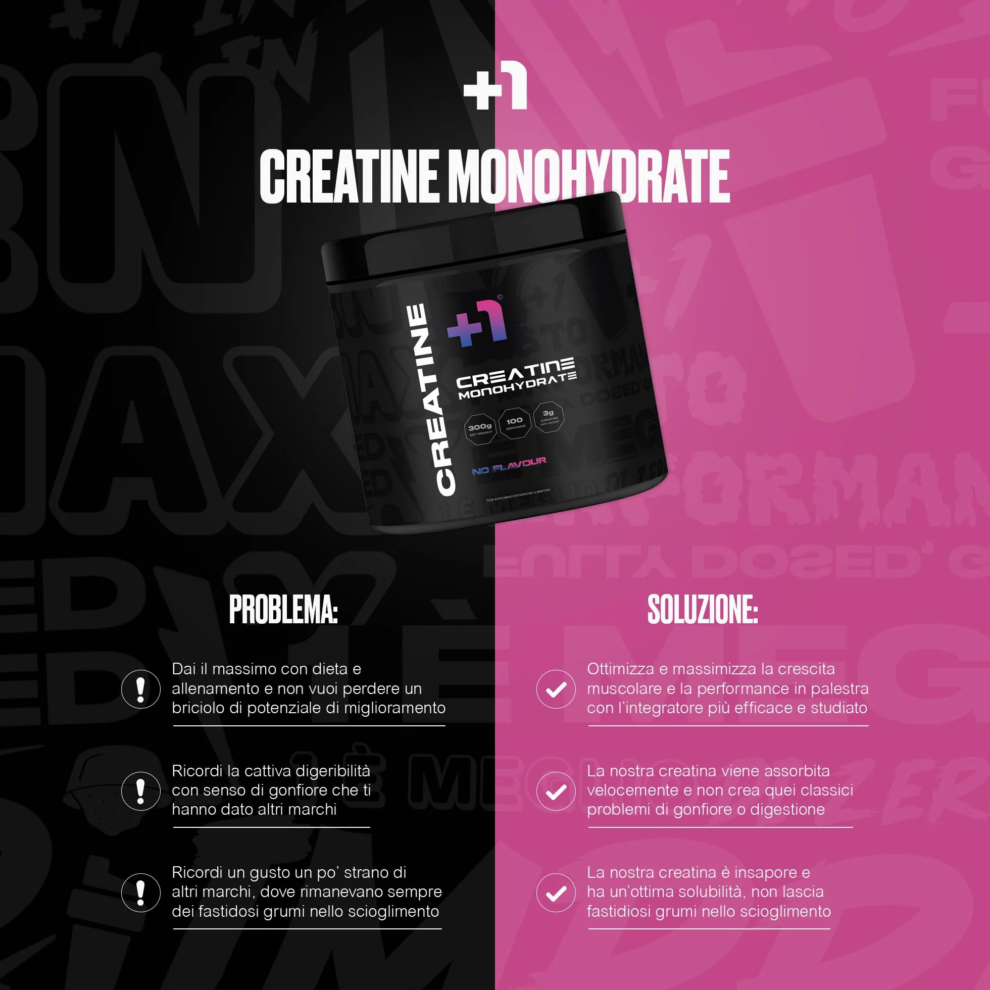 +1® Creatina Monoidrato in Polvere Premium - Crescita Muscolare, Forza e Resistenza - Riduce Fatica - Recupero Muscolare - 200 Mesh Pura al 99,5% - 300 g, 100 Porzioni - Neutro