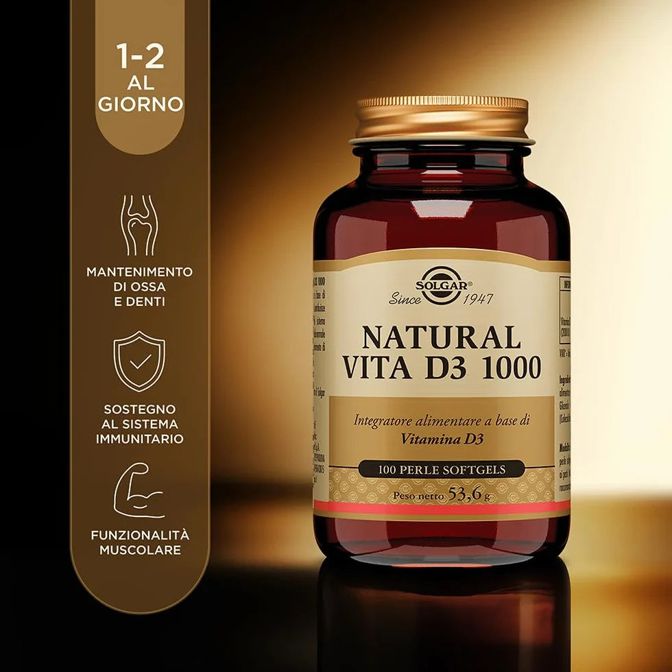 Solgar NATURAL VITA D3 1000 – Vitamina D3 naturale da olio di fegato di pesce, 1000 UI, 100 perle softgel