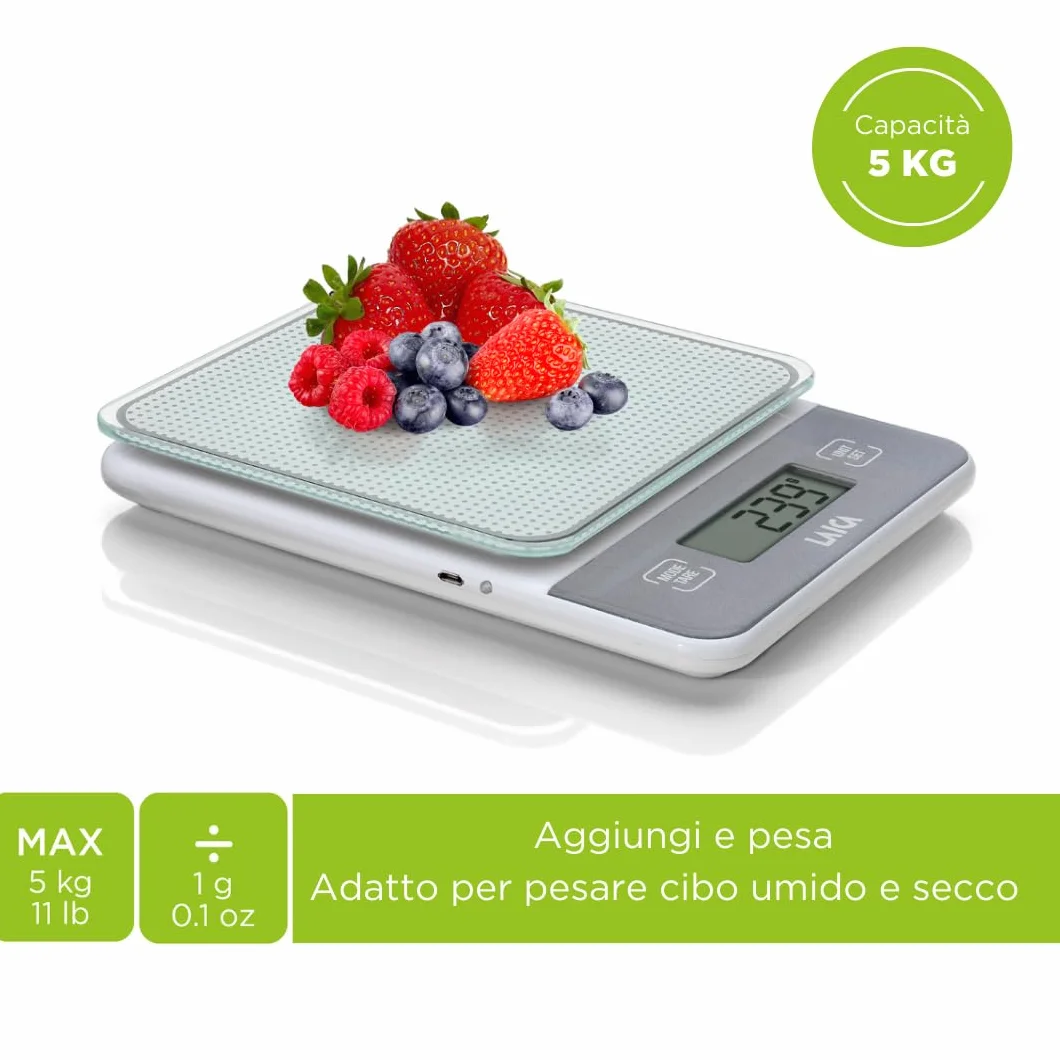 Bilancia elettronica da cucina LAICA, bilancina digitale, per cucinare, in grammi o once, display LCD ad alta precisione in vetro temprato, funzione Tara, ricaricabile - Portata di 5 kg