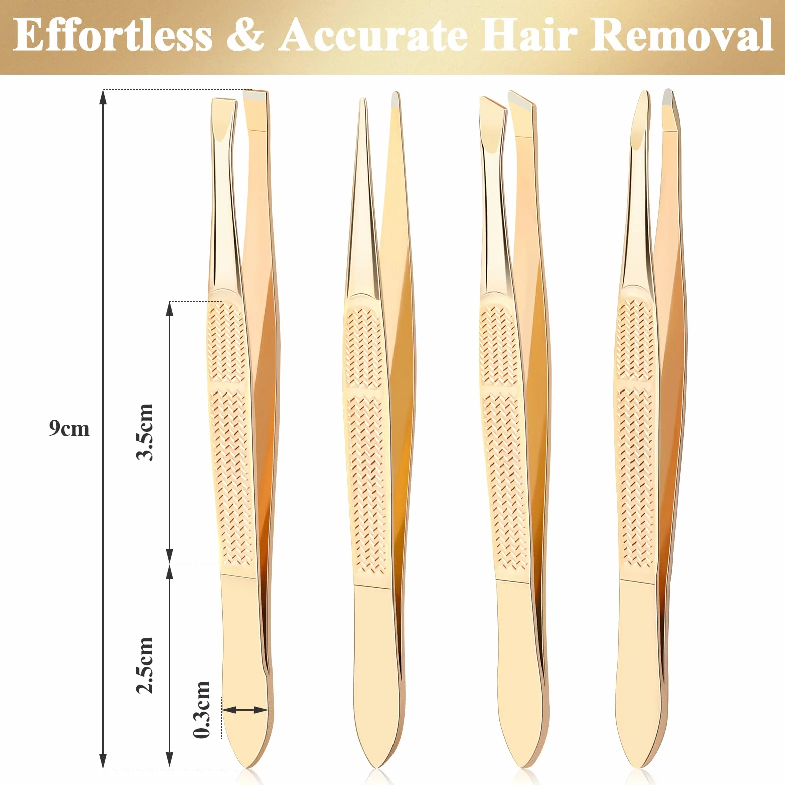 Alyvisun 4 Pezzi Pinzette Sopracciglia Professionale, Portatile Acciaio Inossidabile Pinzetta, Rivestimento Antiscivolo Progettazione, Pinzette di Precisione Adatto per Capelli Incarniti (Dorato)