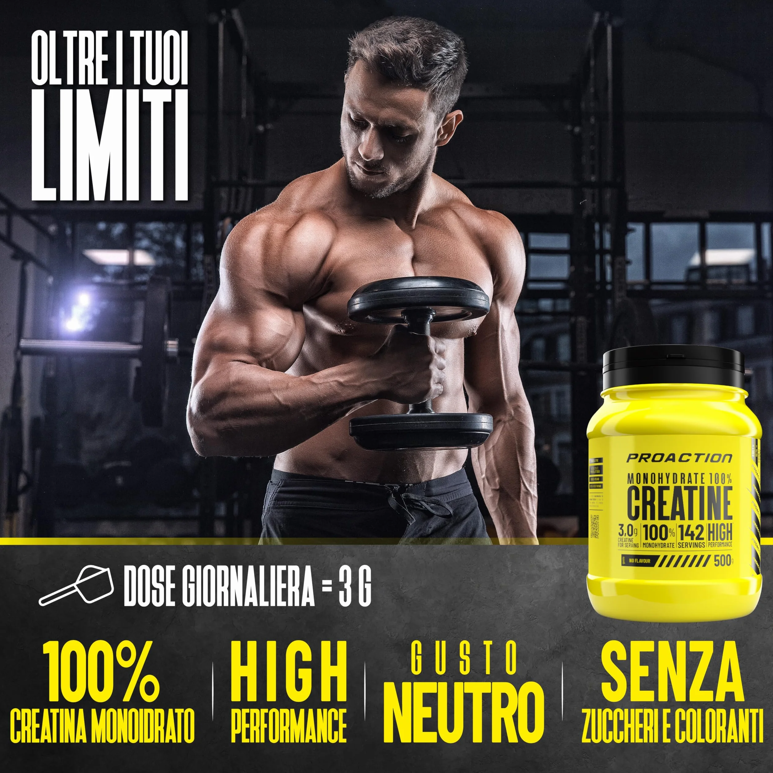 ProAction Creatina Monoidrata in Polvere | 100% Creatina Monoidrato Pura per Forza, Energia & Resistenza | Solubile & Senza Additivi | Aumento della Massa Muscolare | 142 Porzioni | 500 g
