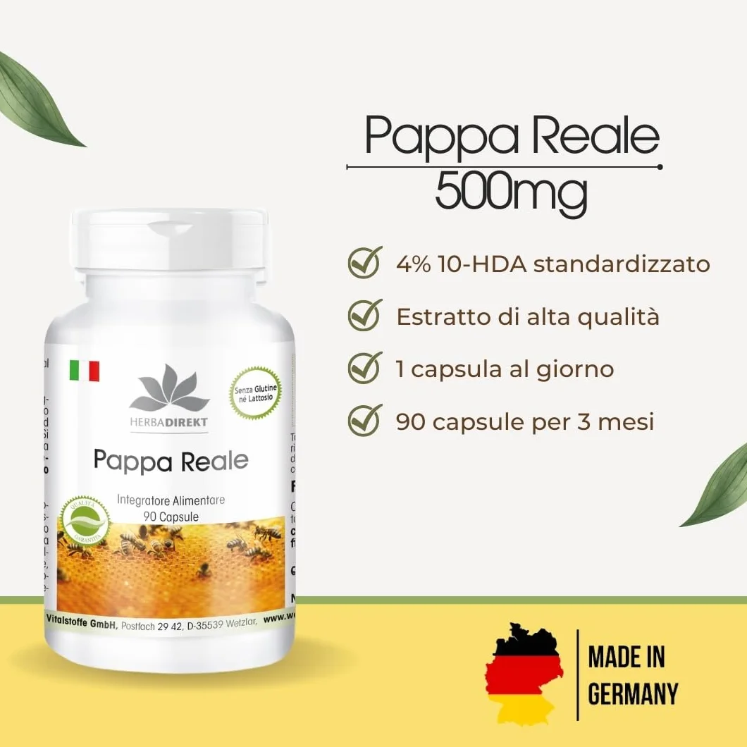 Pappa Reale fresca pura 500mg 4:1 90 Capsule HERBADIREKT Warnke Vitalstoffe