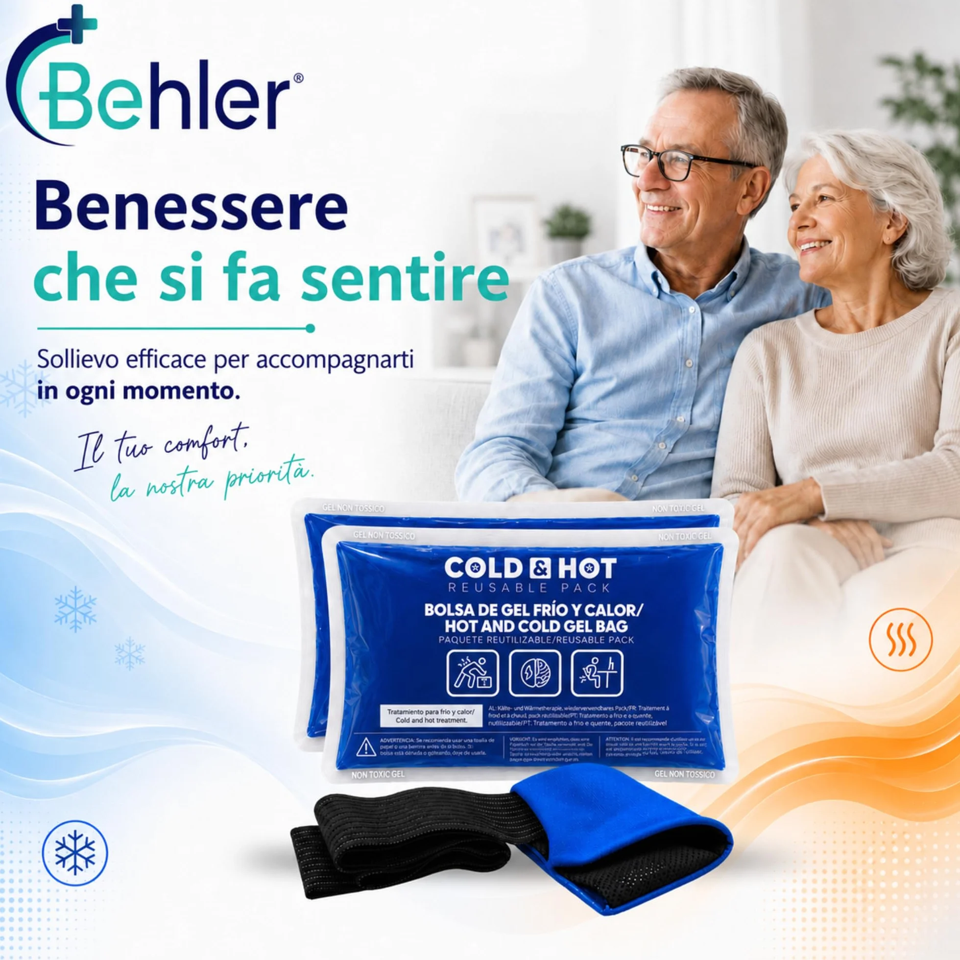 Ghiaccio Gel Riutilizzabile (26x15 cm) Compressa Fredda Calda con Copertura Multiposizione e Fascia di Compressione per Terapie Caldo/Freddo