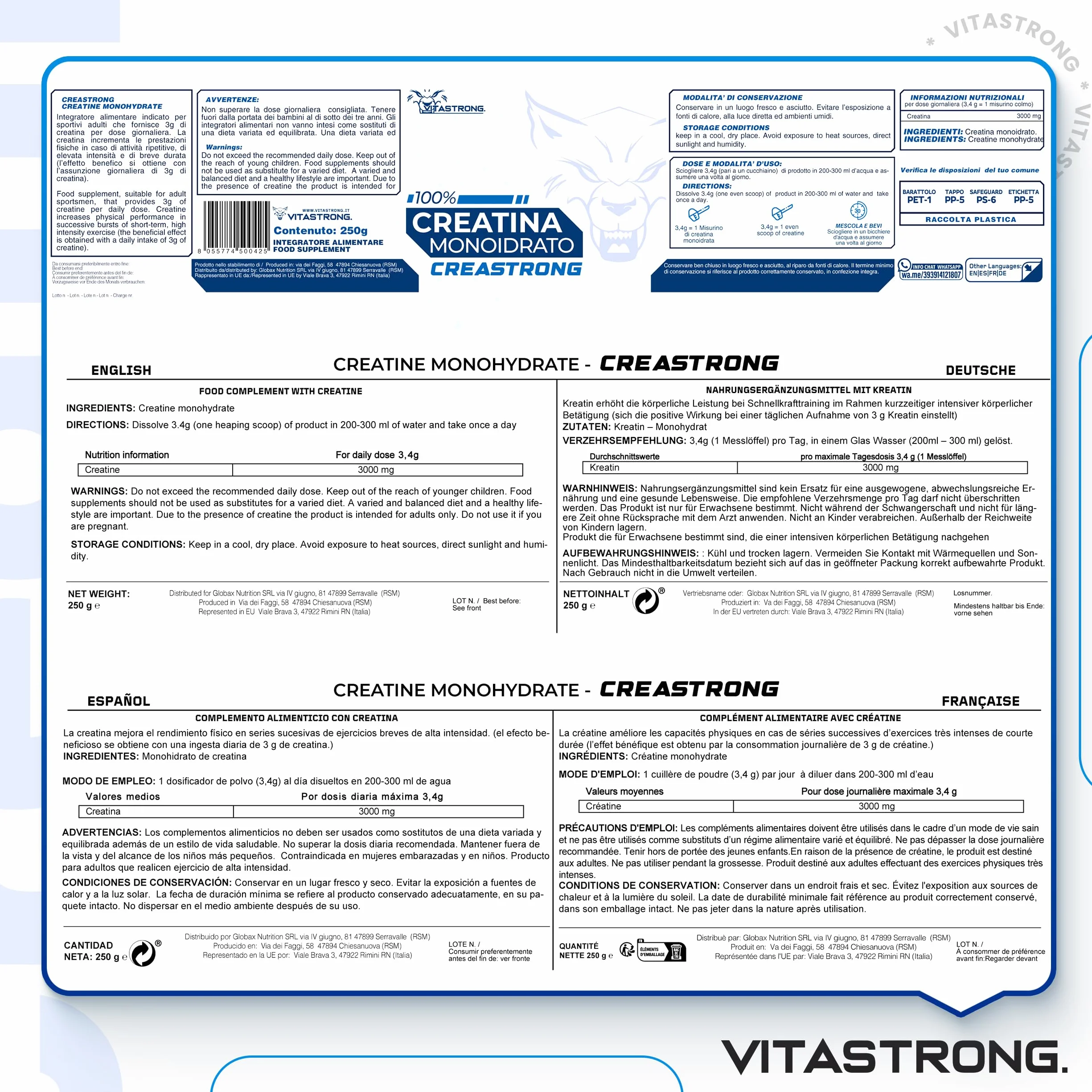 Creatina Monoidrata 3000mg CreaStrong Vegan Pura, Creatina in Polvere Senza Additivi 250g