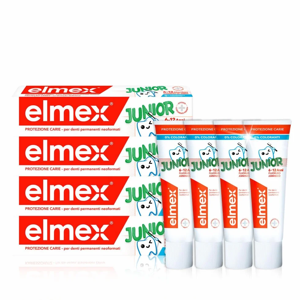 elmex Dentifricio Junior 6-12 Anni per Bambini 4x75ml | con Fluoruro Amminico | Protegge i Denti Dei Bimbi dalla Carie | Dentifricio Anticarie per Denti Permanenti | 0% Coloranti
