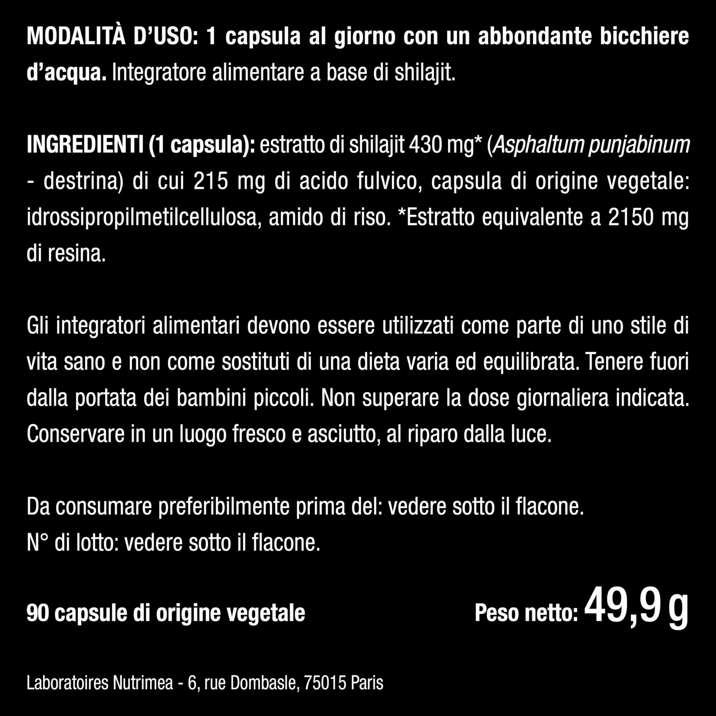 Shilajit Puro | 2150 mg per Capsula | Estratto 5:1 Standardizzato al 50% in Acido Fulvico | 100% Puro | 90 capsule | Nutrimea