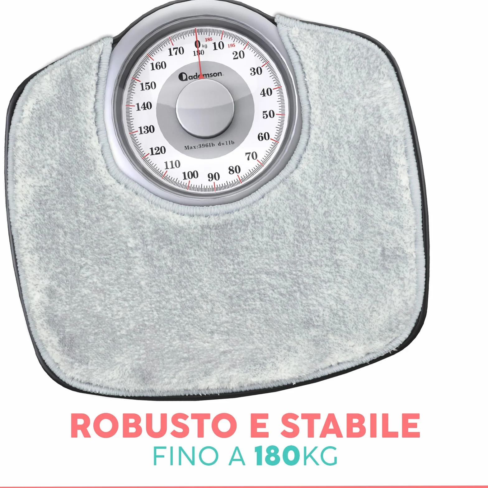 Adamson A25 Bilancia Pesapersone Meccanica, Analogica, Fino a 180 kg, Piedini Anti Scivolo – Durevole, Accurata, Precisa – 20 Anni di Garanzia – Per casa – Camera da Letto e Bagno - Tappeto Grigio