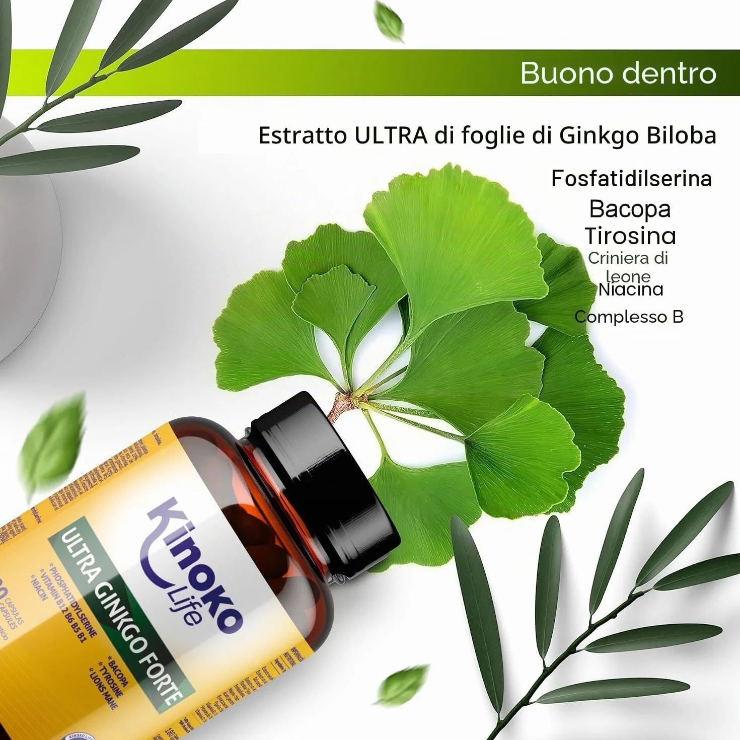 Ginkgo Biloba Forte 180 Capsule con Bacopa, Fosfatidilserina, Criniera di Leone, Tirosina, Niacina e Vitamine B Complex per Memoria e Concentrazione