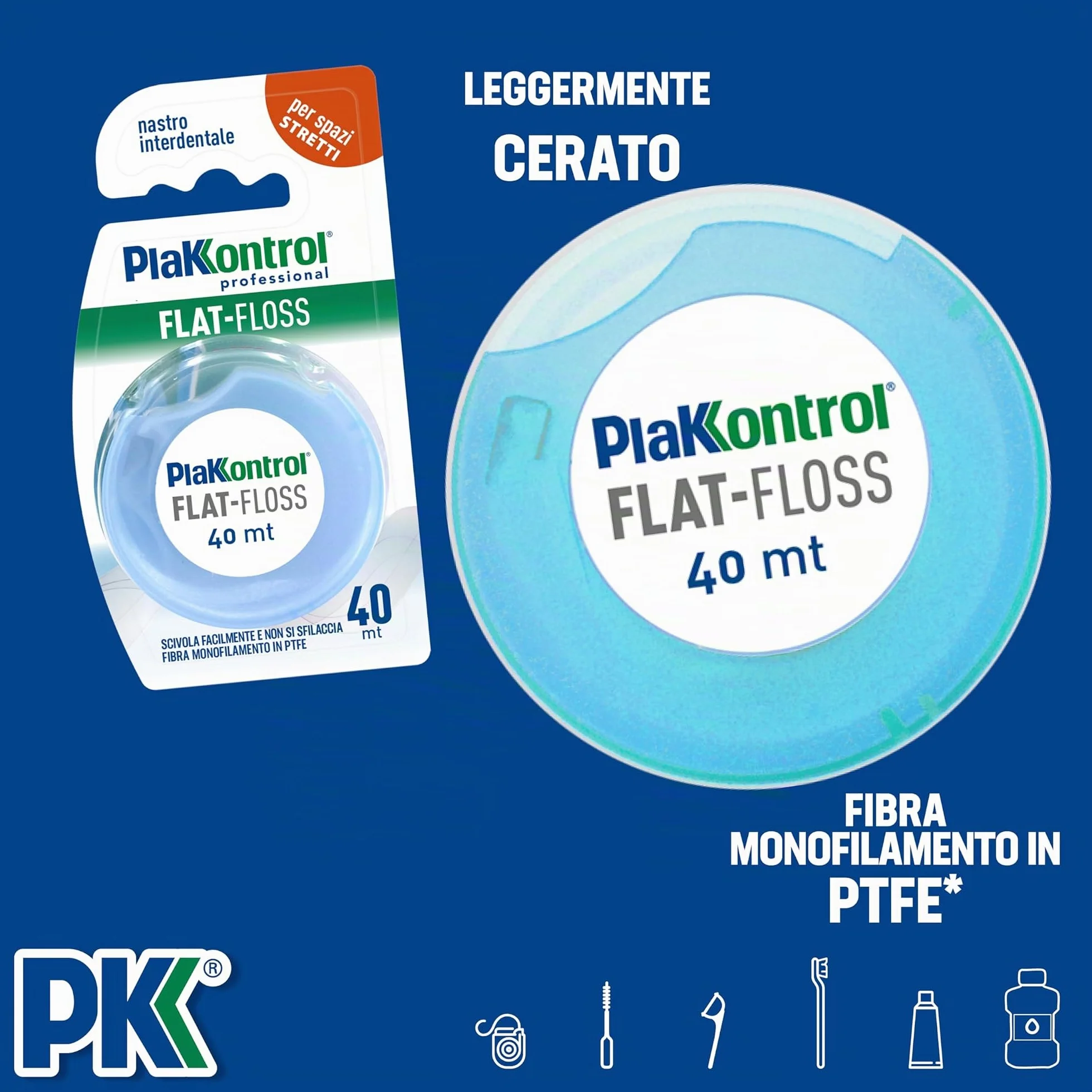 Plakkontrol® Flat-Floss, Filo Interdentale Leggermente Cerato, Nastro in PTFE, 40 m, 22 g