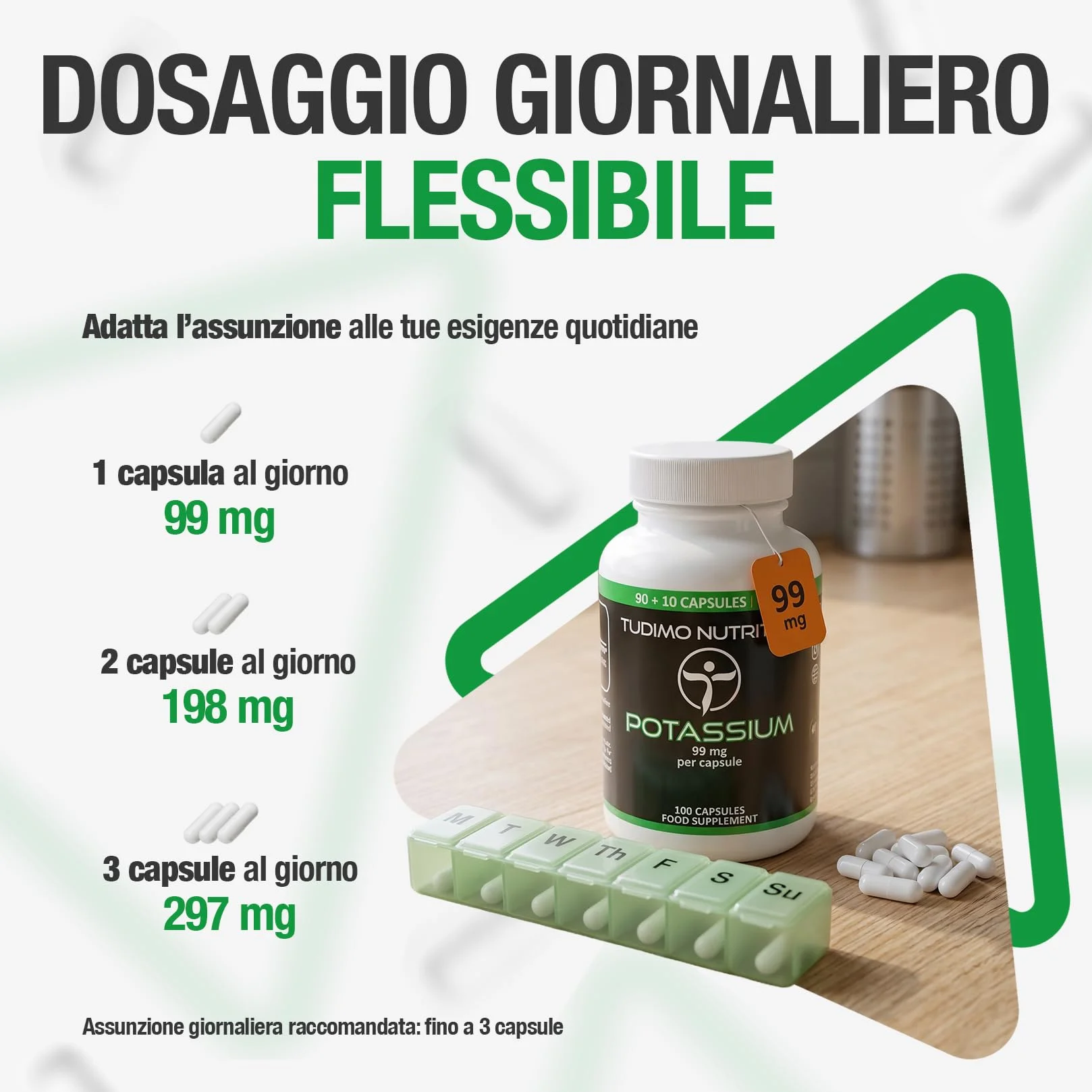 Potassio Integratore Capsule 99mg - 100 pz di Capsule a Disgregazione Rapida con 99 mg Gluconato di Potassio Polvere Puro Qualità Premium