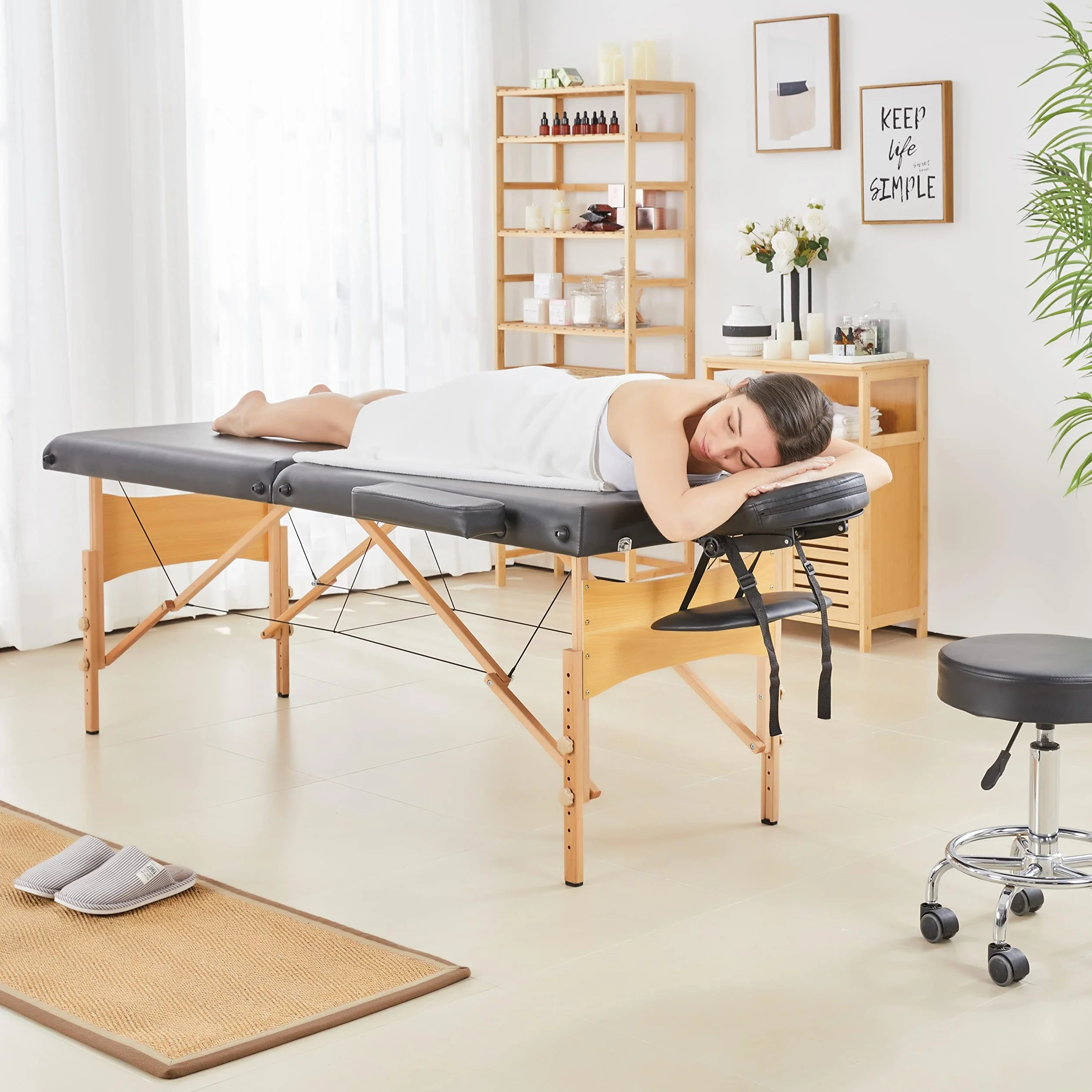 Yaheetech Lettino da Massaggio Pieghevole Portatile 2 Zone Portata 250 kg in Legno Faggio 213 x 70 cm per Fisioterapia Altezza Regolabile Poggiatesta e Briaccioli Rimovibili