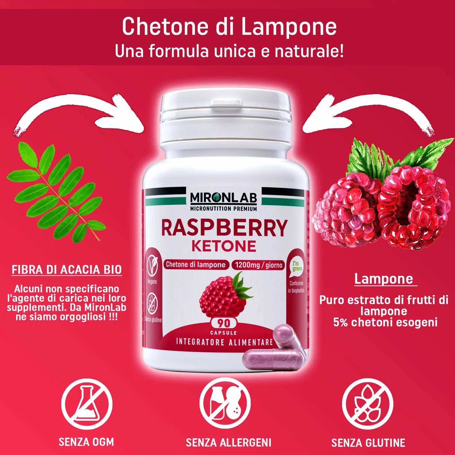 MIRONLAB Raspberry Ketone Pure 1200mg 90 Capsule - Alto dosaggio Chetoni di Lampone per Gestione Peso