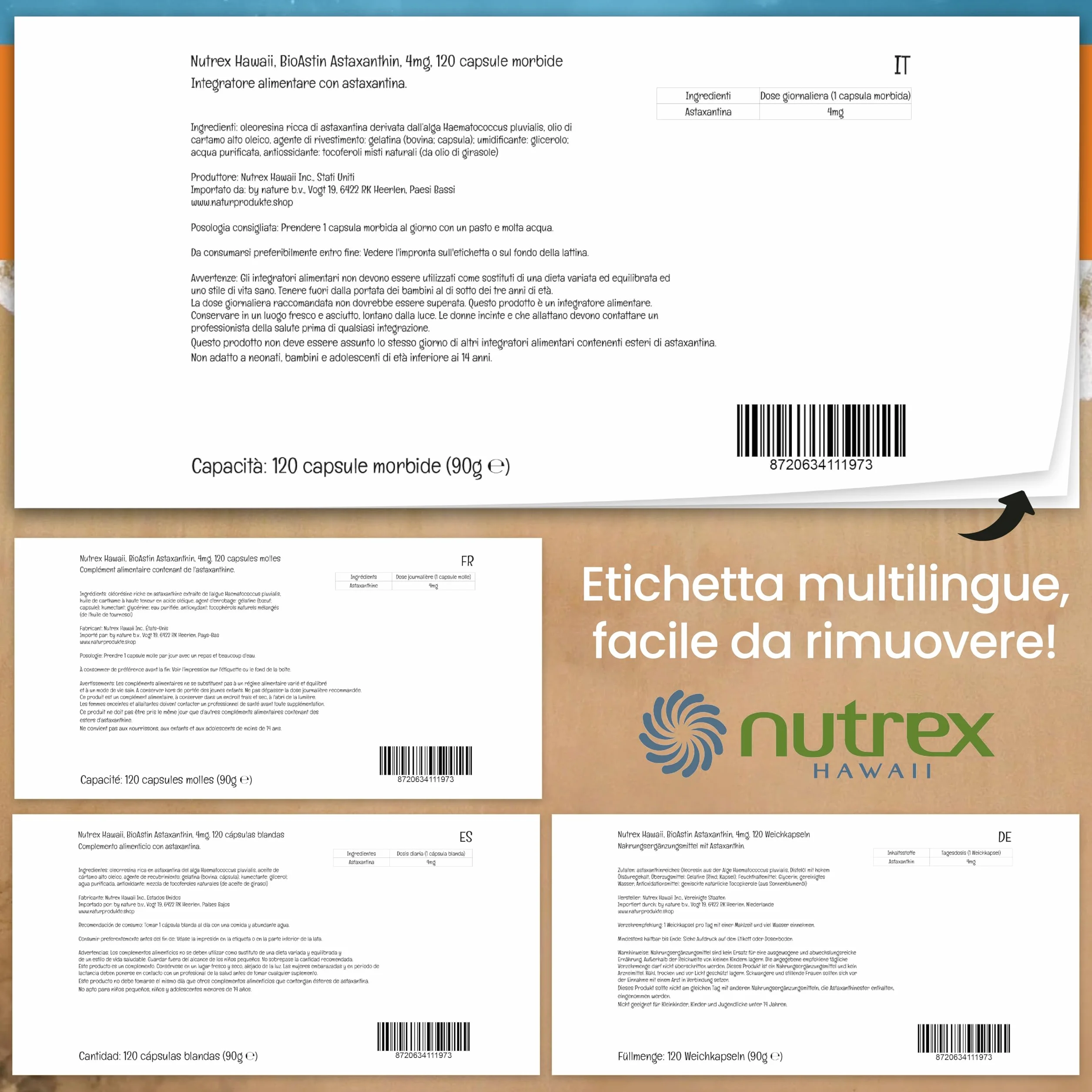 BioAstin Hawaiian Astaxanthin 4 mg 120 Capsule, Testato in Laboratorio, Vitamina E, Senza Glutine, Senza Soia, non OGM