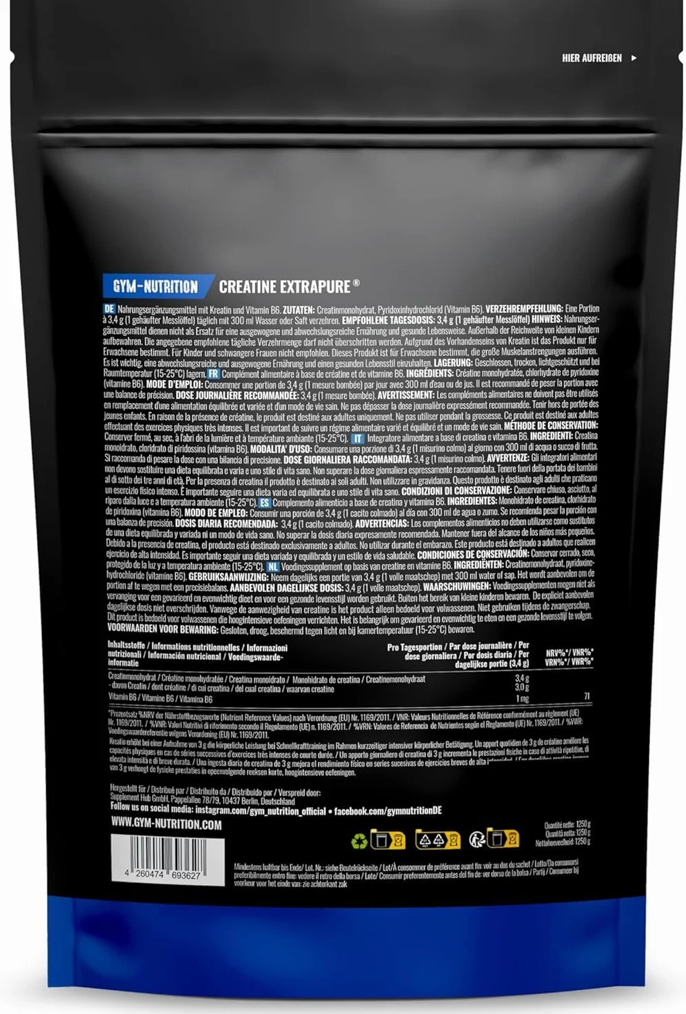 Creatina Monoidrata Polvere Extrapura - 1,25 kg (367 Porzioni) con Vitamina B6 - Vegan e Prodotta in Germania - Creatine Monohydrate Powder