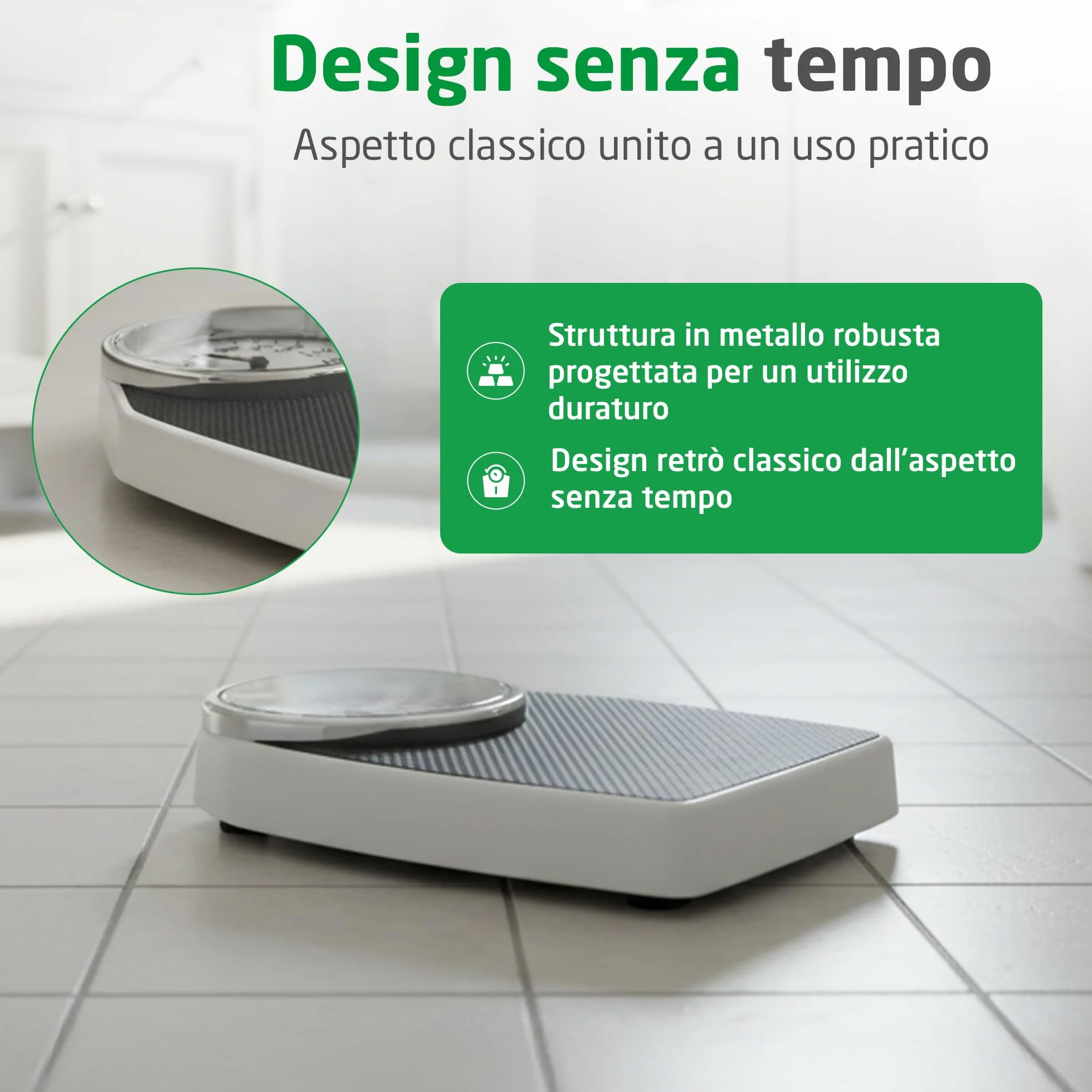 Medisana PSD Bilancia Personale Meccanica Fino a 150 kg, Analogica, Scala Retrò in Design Classico e Su Larga Scala in un Imballaggio Privo di Frustrazioni e con Copertura in Vetro Rinforzato