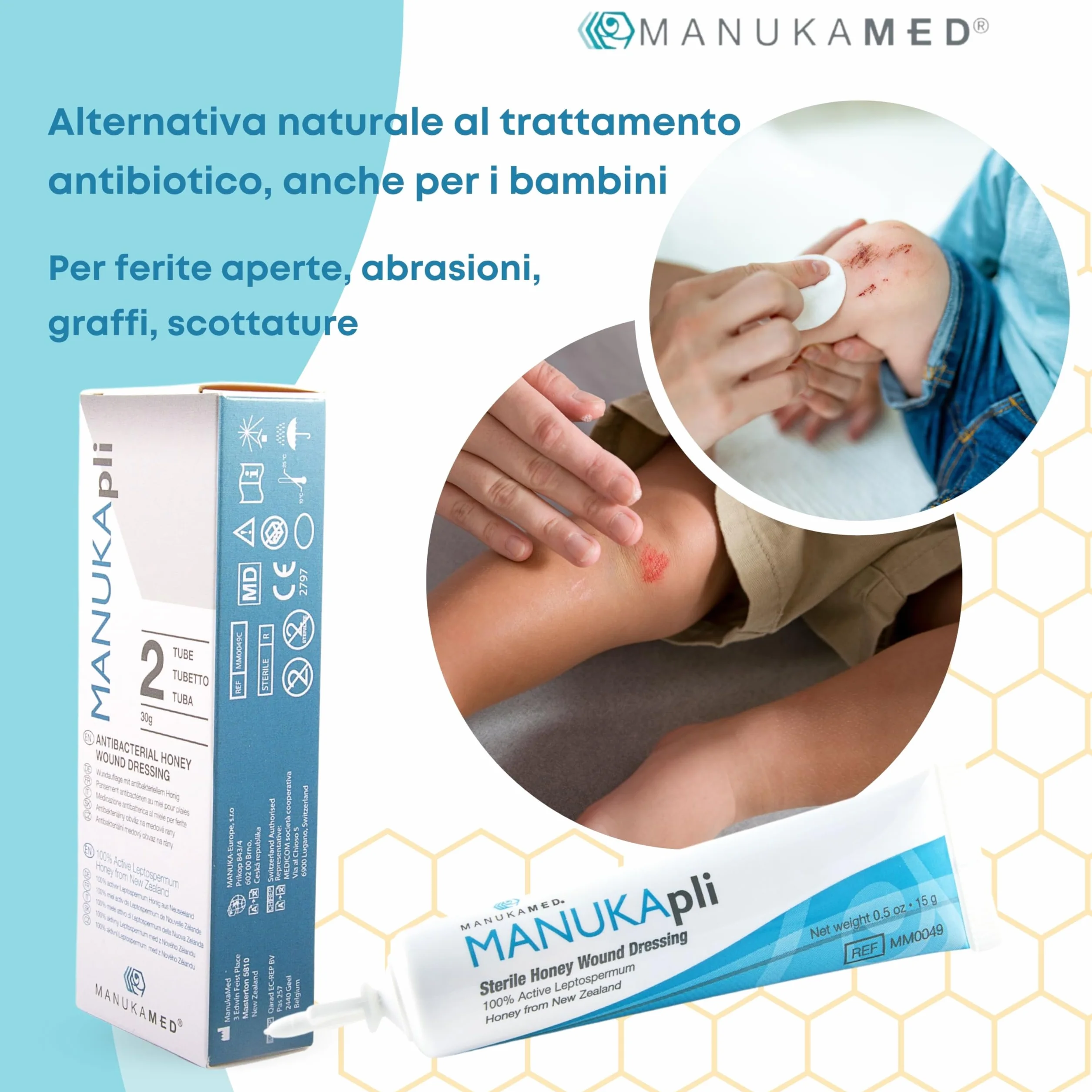 ManukaMed MANUKA, qualità medica, cura delle ferite e della pelle, miele di Manuka bioattivo al 100%, unguento per le ferite e la guarigione, STERILE MGO 560+/2x15 g