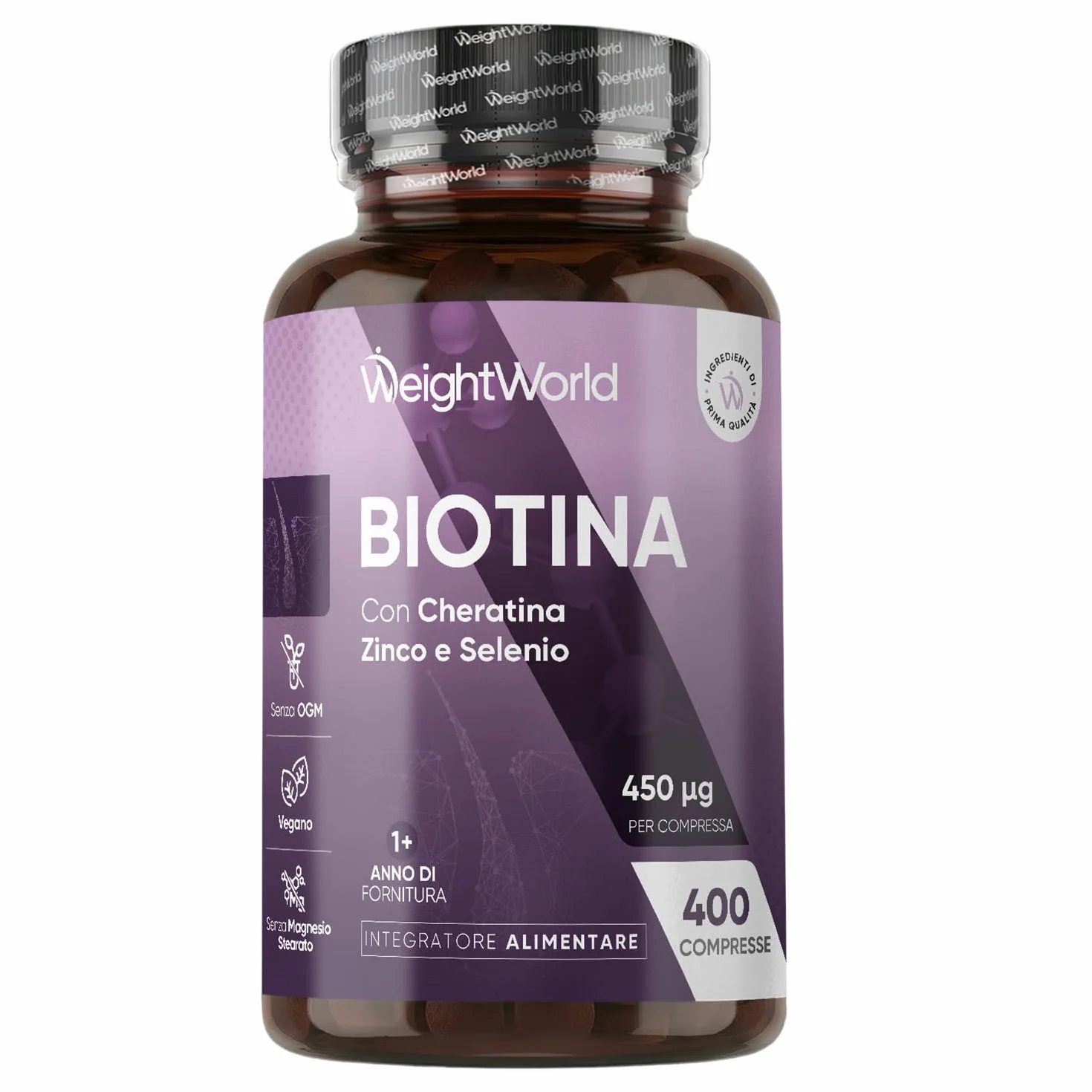Biotina Capelli 450μg, Cheratina e Zinco, 400 Microcompresse Vegane, Integratori per Capelli
