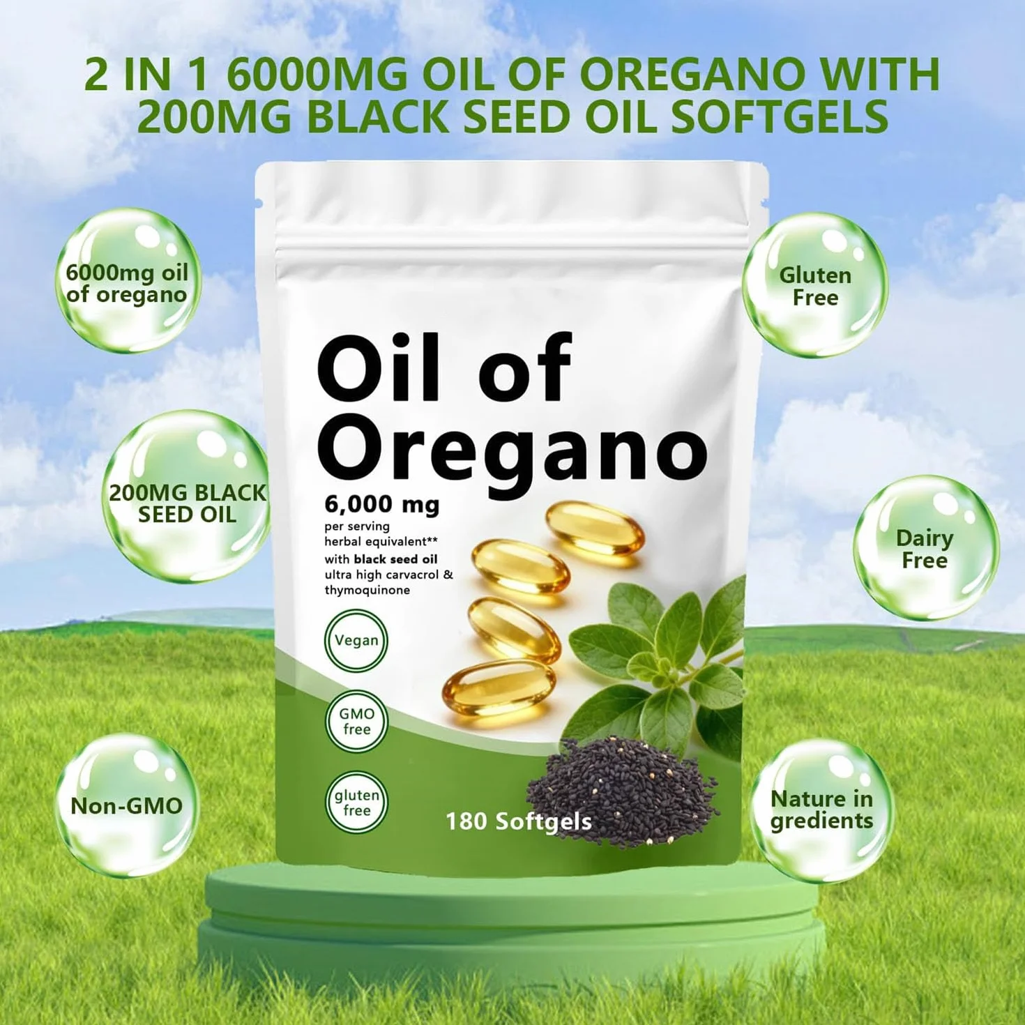 Olio di origano Softgels 180 pezzi 2 in 1 formulato con olio di semi neri carvacrolo timochinone 4X forza Non OGM senza glutine