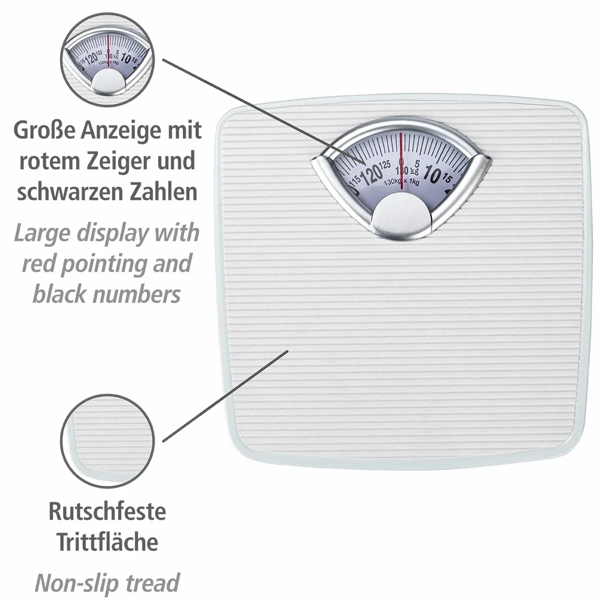 Bilancia meccanica, precisa e analogica WENKO con ampia scala e battistrada antiscivolo, campo di misura fino a 130 kg con incrementi di 1 kg, alloggiamento in metallo bianco, 27 x 4,5 x 26,5 cm