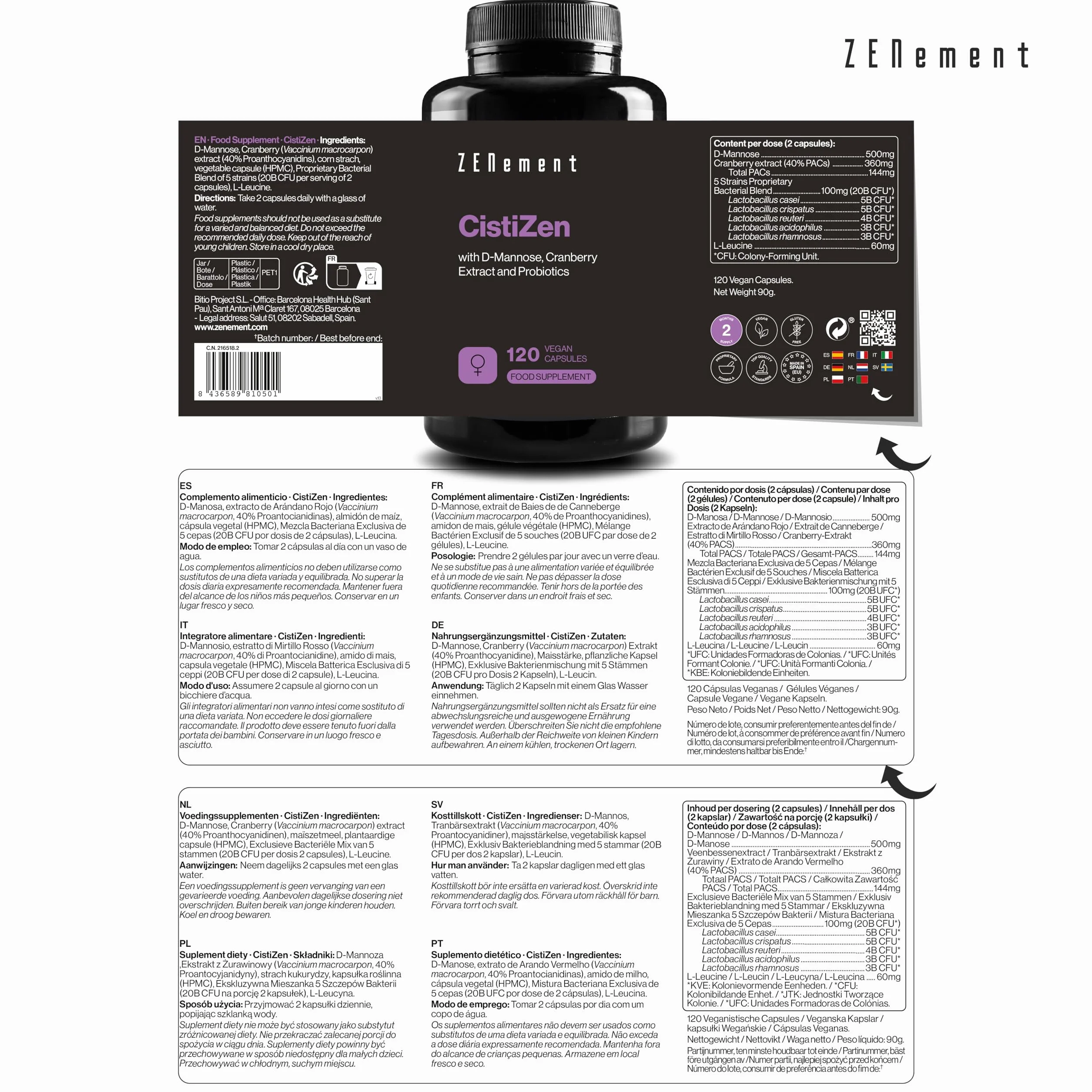 CistiZen - Con D-Mannosio, Mirtillo Rosso e 5 Ceppi Probiotici – 120 Capsule Vegane, Senza Additivi, Senza OGM, Senza Glutine, Senza Lattosio, Senza Soia – Zenement