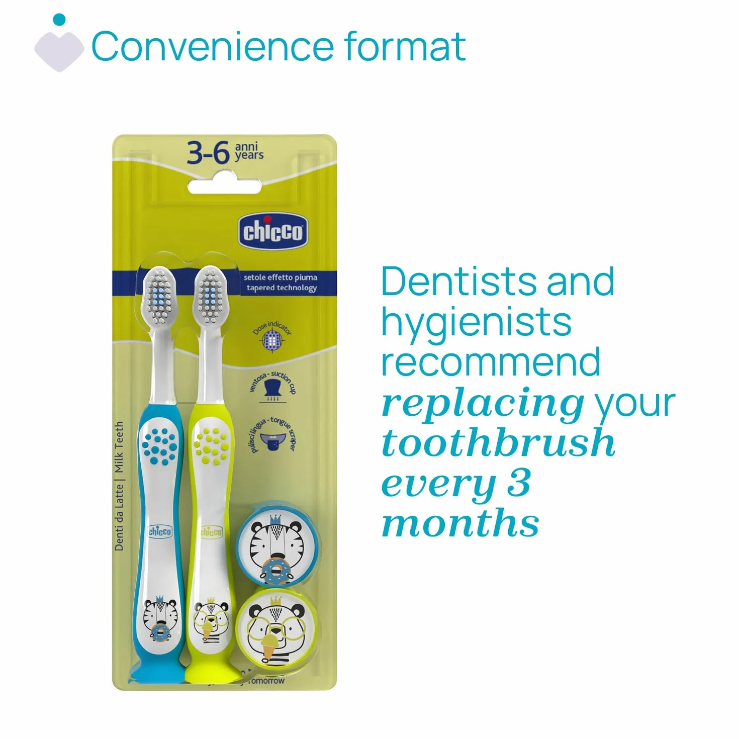 Chicco Set 2 Spazzolini da Denti per Bambini con Ventosa, Testina Arrotondata, Setole Morbide Delicate su Gengive e Dentini, Ampio Manico Antiscivolo, Coprisetole Incluso, 3-6 Anni, 2 Pezzi, Bimbo