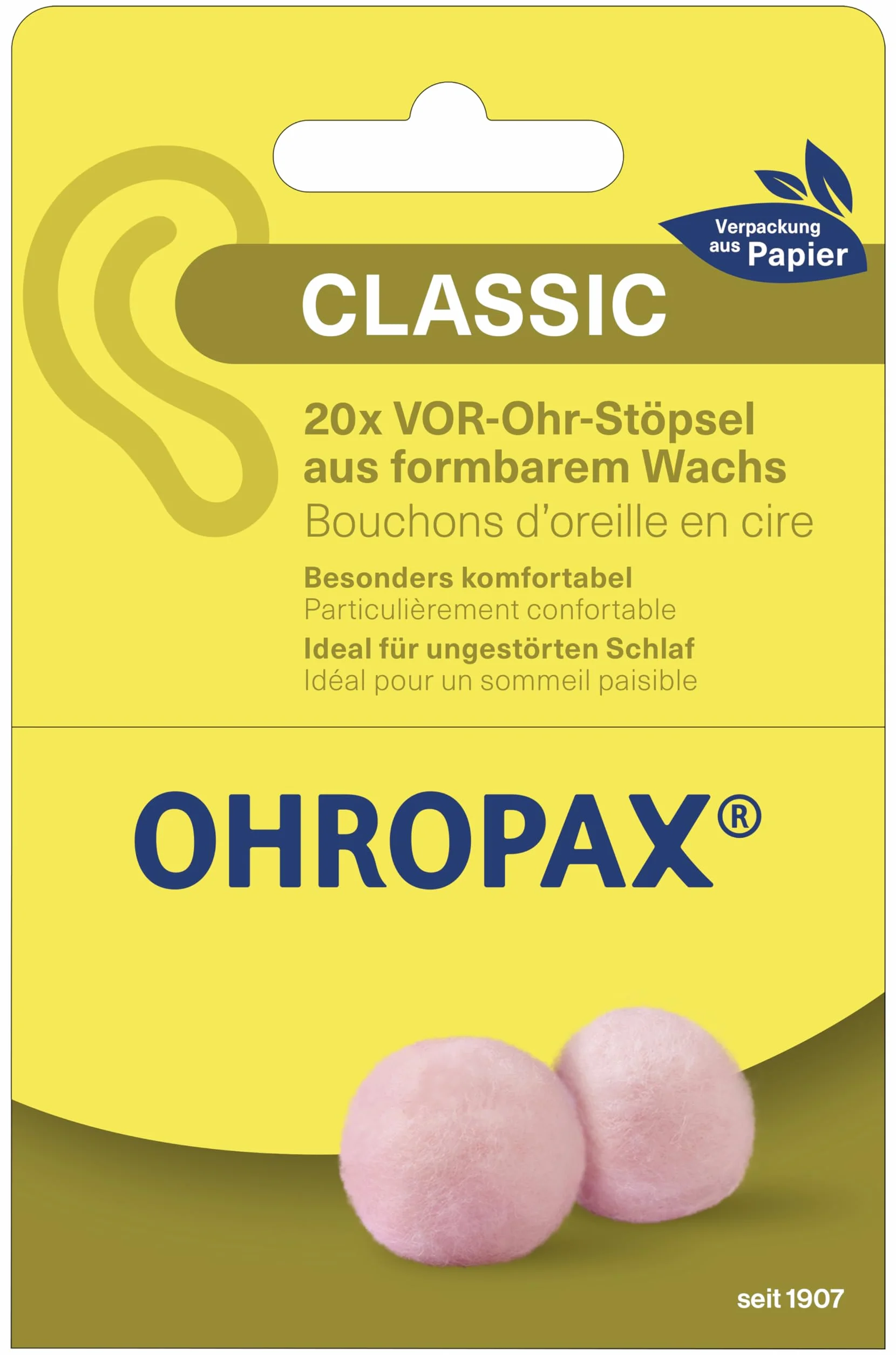 OHROPAX Tappi per le orecchie Classic – Tappi per le orecchie per la protezione da rumore, umidità e vento, realizzati in cera modellabile, comodi e adatti a tutte le orecchie, valore di isolamento