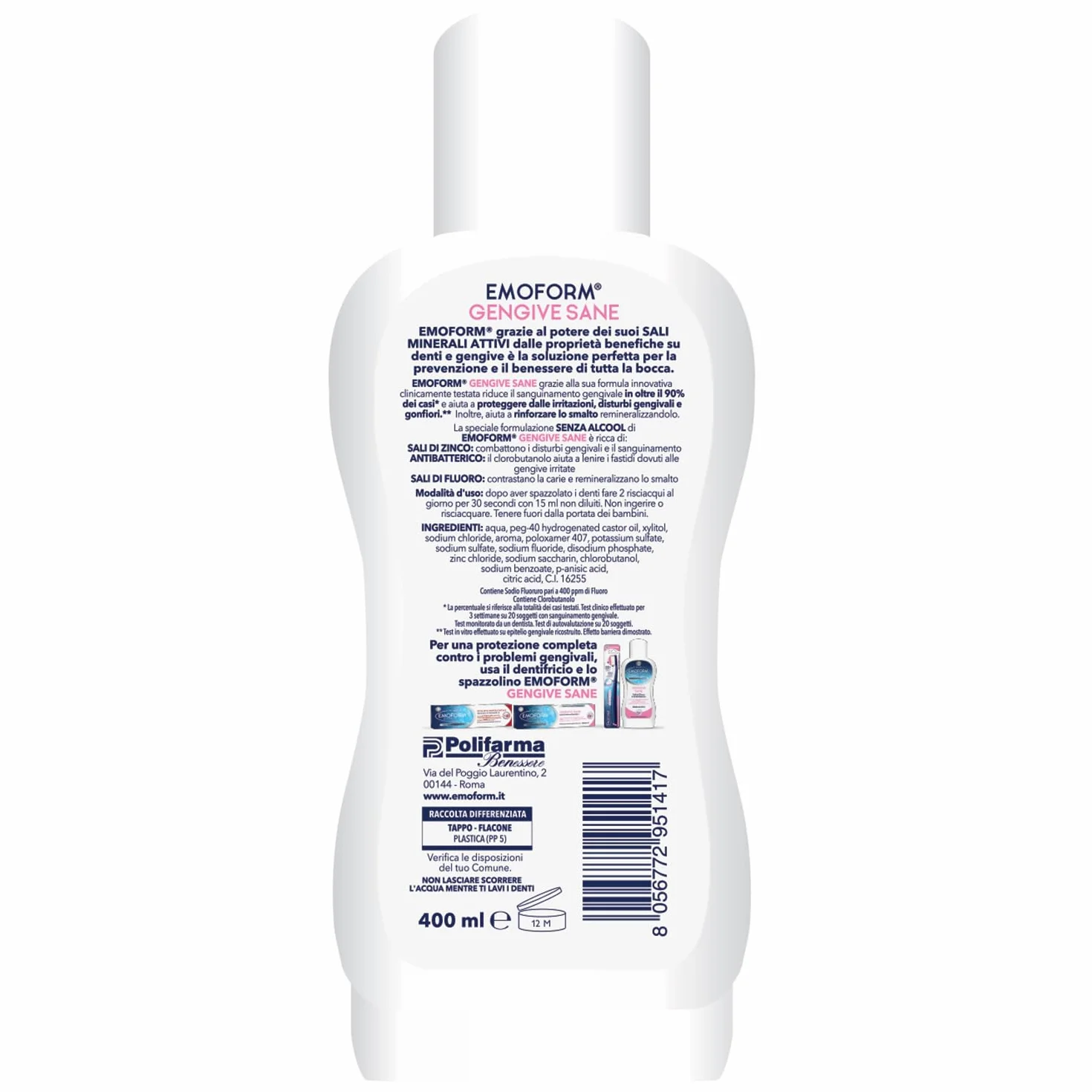 Emoform Gengive Sane 400ml Collutorio Senza Alcool con Zinco e Fluoro Antibatterico per Gengive Sensibili