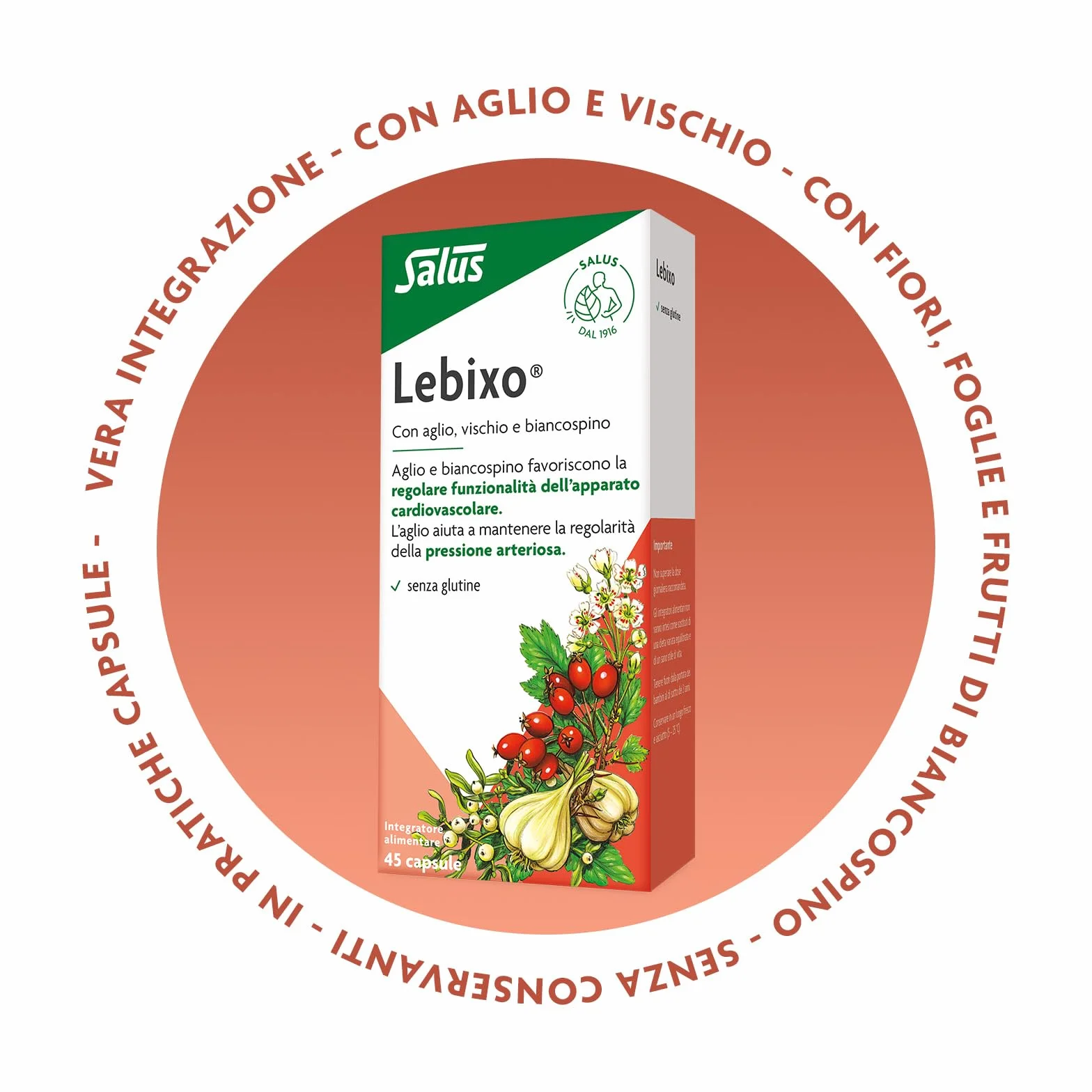 Salus Lebixo - Integratore Alimentare per la regolarità cardiovascolare e della pressione arteriosa, a base di Aglio, Vischio e Biancospino - 45 Capsule