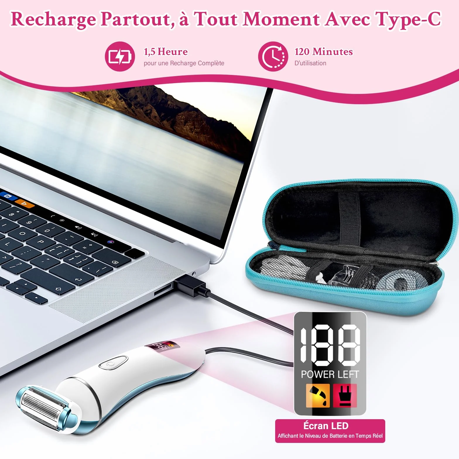 Rasoio Elettrico Donna 2 in 1, Rasoio Intimo Donna e Trimmer Bikini IPX7 Impermeabile, Trimmer Intima con Display LED per Gambe, Ascelle e Zona Intima con Custodia da Viaggio