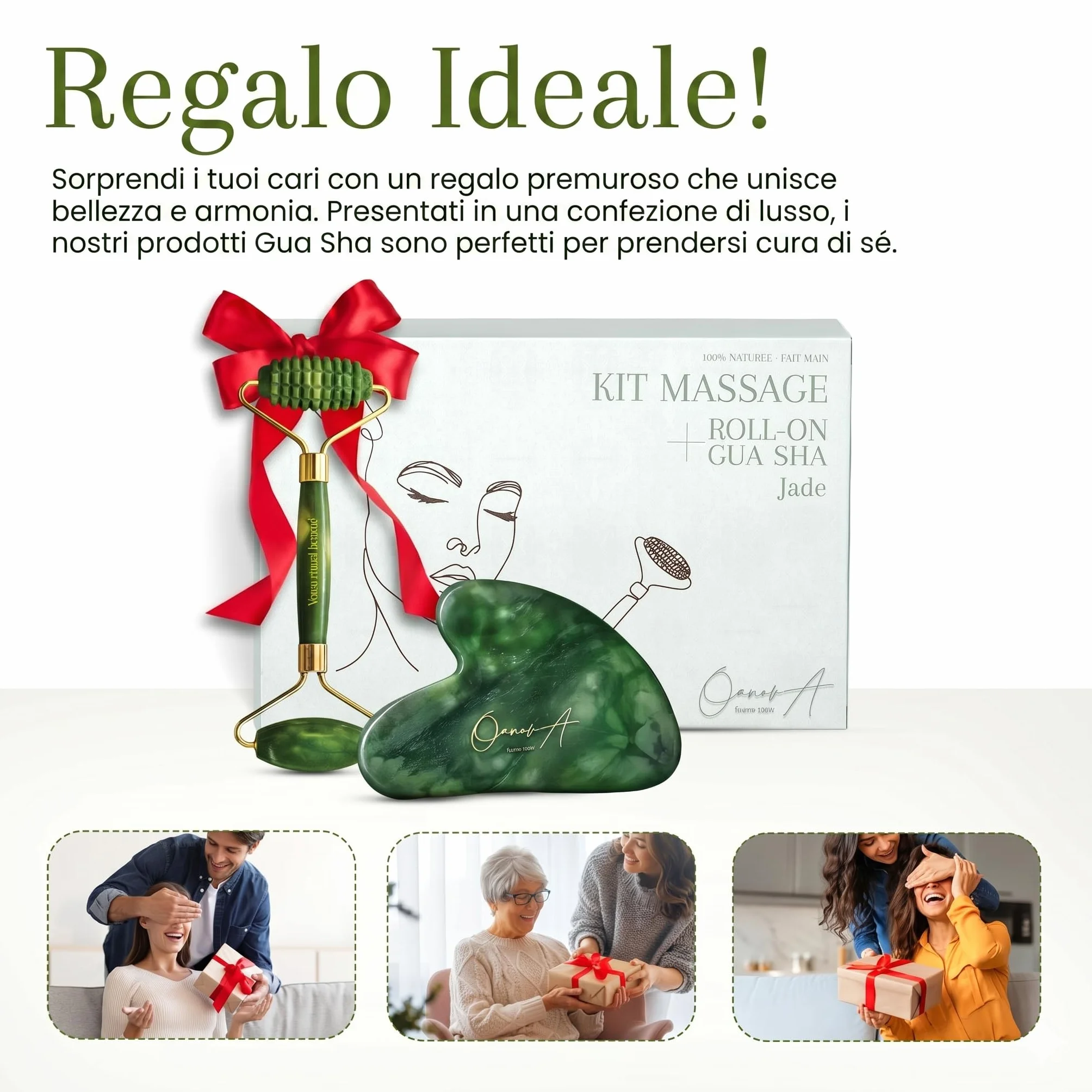Kit Gua Sha per Viso e Corpo & Roller | Pietra Di Giada Verde | Massaggio Antirughe & Drenaggio Linfatico | Lifting Mento Doppio | Guasha | Maderotherapy | Gasha | Raffinare Shaper del Viso [OanovA]