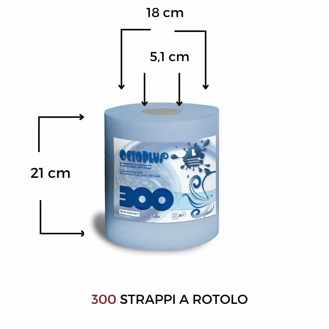 OCTOPLUS 6 Monorotoli Blu 1800 Strappi Asciugatutto 300 strappi 2 Veli Bobina Carta Cellulosa