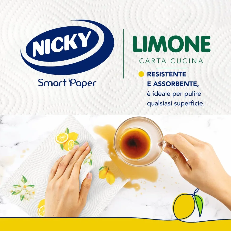 Nicky Limone Carta Cucina 2 Rotoli 100 Fogli Assorbenti 2 Veli Spessa Resistente Fresco Profumo Limone 100% FSC®