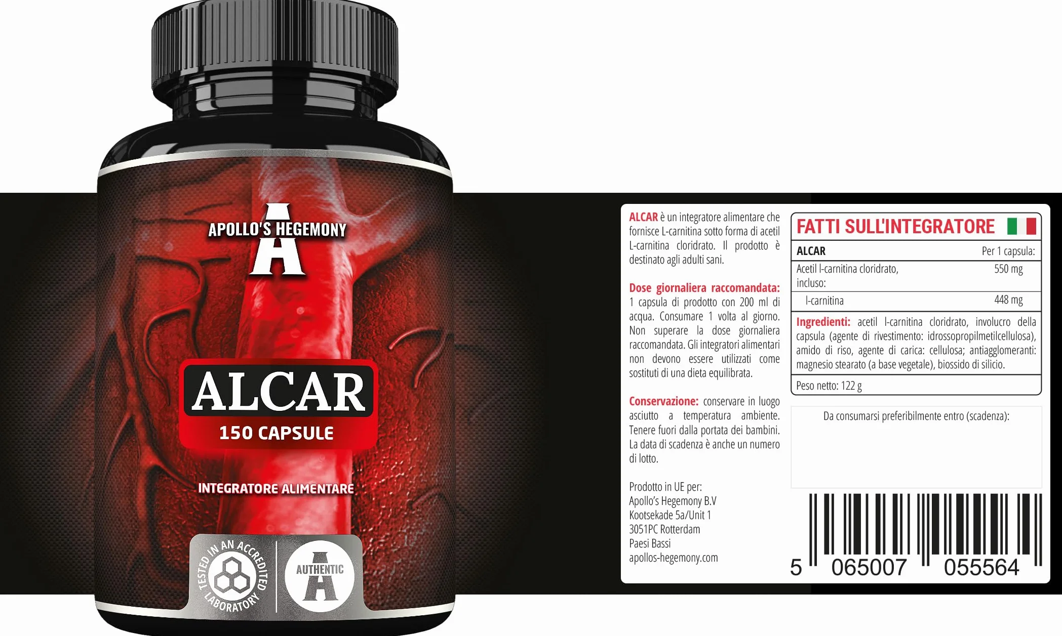 Acetil L-Carnitina HCL 550 mg | ALCAR 150 capsule | Fornitura per 5 mesi | Integratore dietetico ad alto dosaggio di aminoacidi L-Carnitina per proteggere le mitocondri - di Apollo's Hegemony