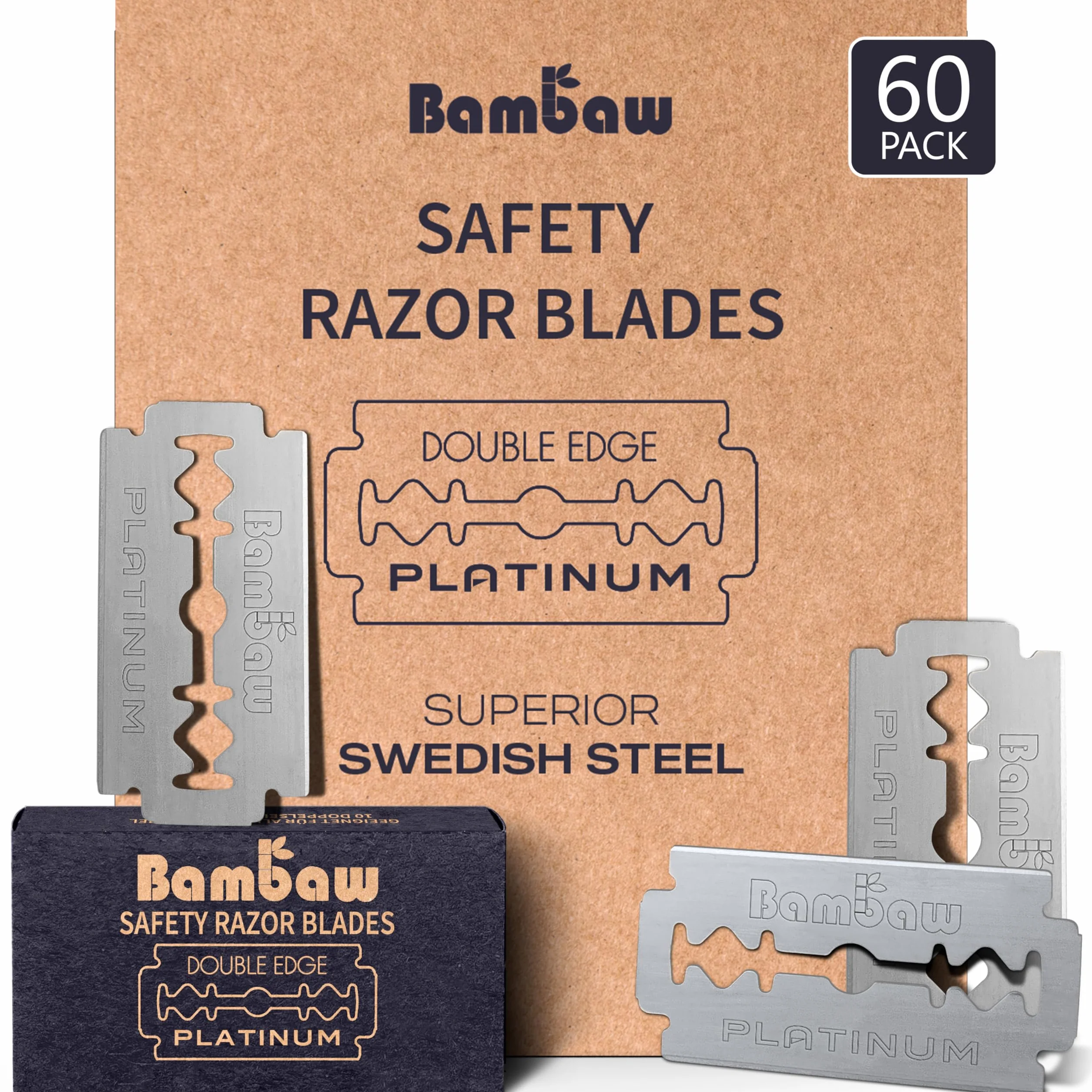 Bambaw - Lamette da Barba per Rasoio di Sicurezza, Lamette a Doppio Filo in Acciaio Inossidabile (60 Blades)