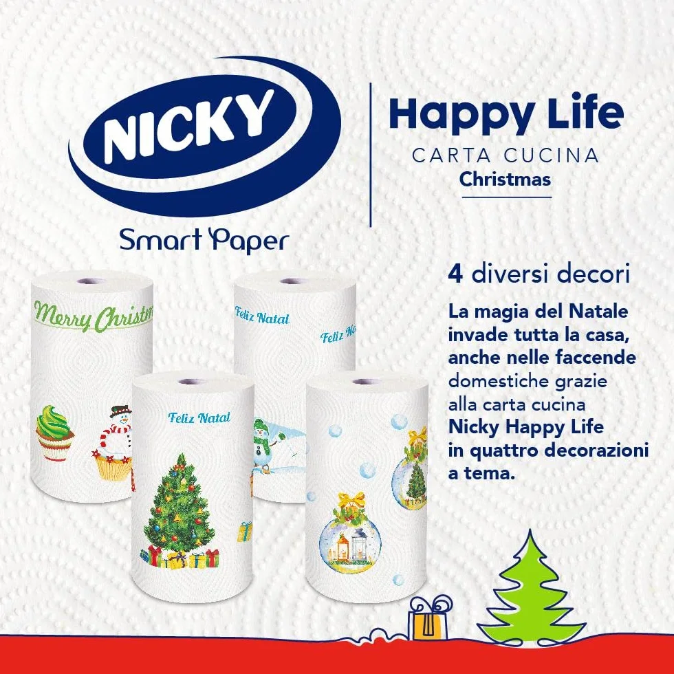 Nicky Happy Life Christmas Carta Cucina Natalizia 24 Rotoli Asciugatutto 100 Strappi 2 Veli Apertura Facilitata 4 Decori Natalizi Diversi Resistente Assorbente Carta FSC