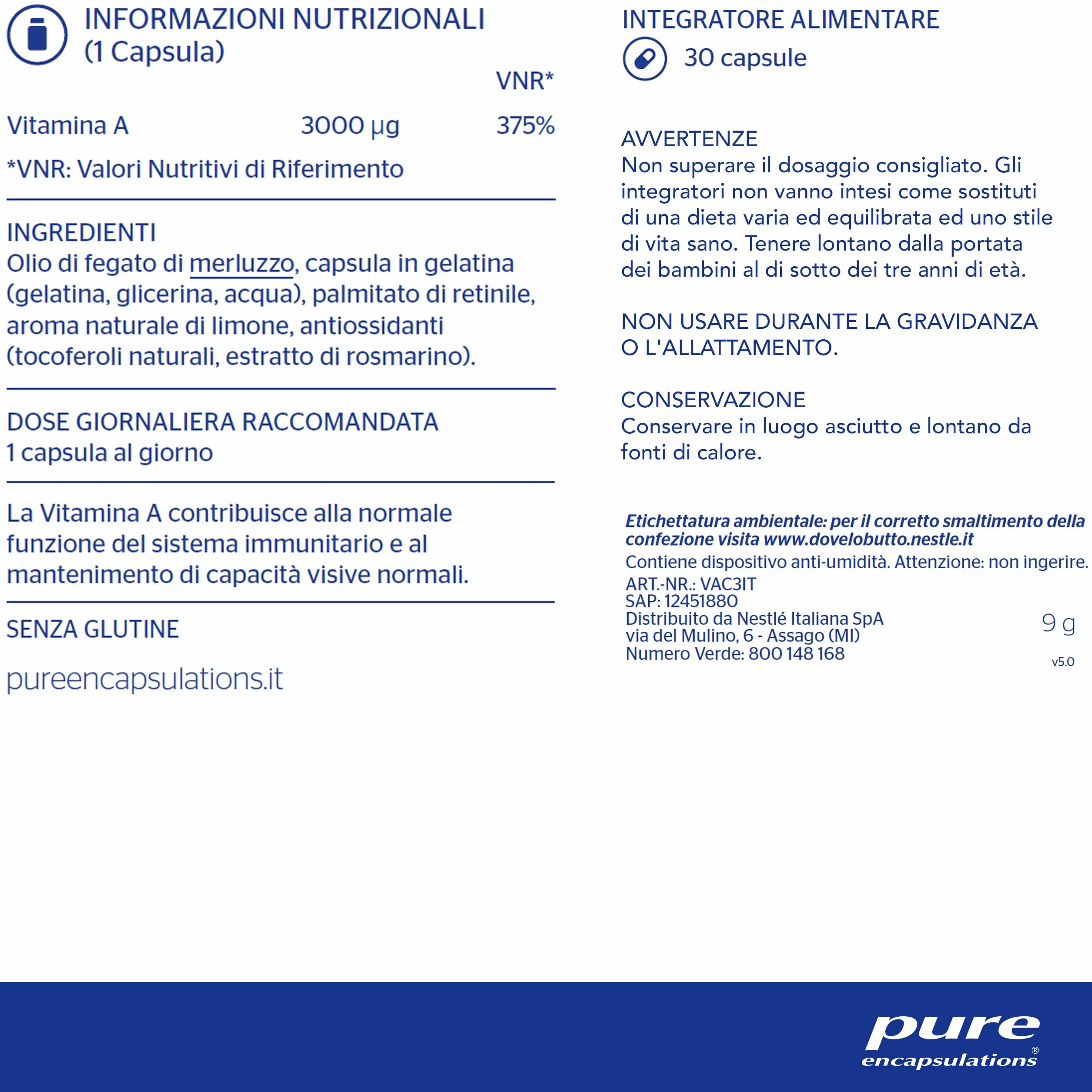 Pure Encapsulations - Vitamina A 10.000 IU - Supporto alla Vista, Funzioni Cognitive e Salute della Pelle - 30 Capsule Softgel