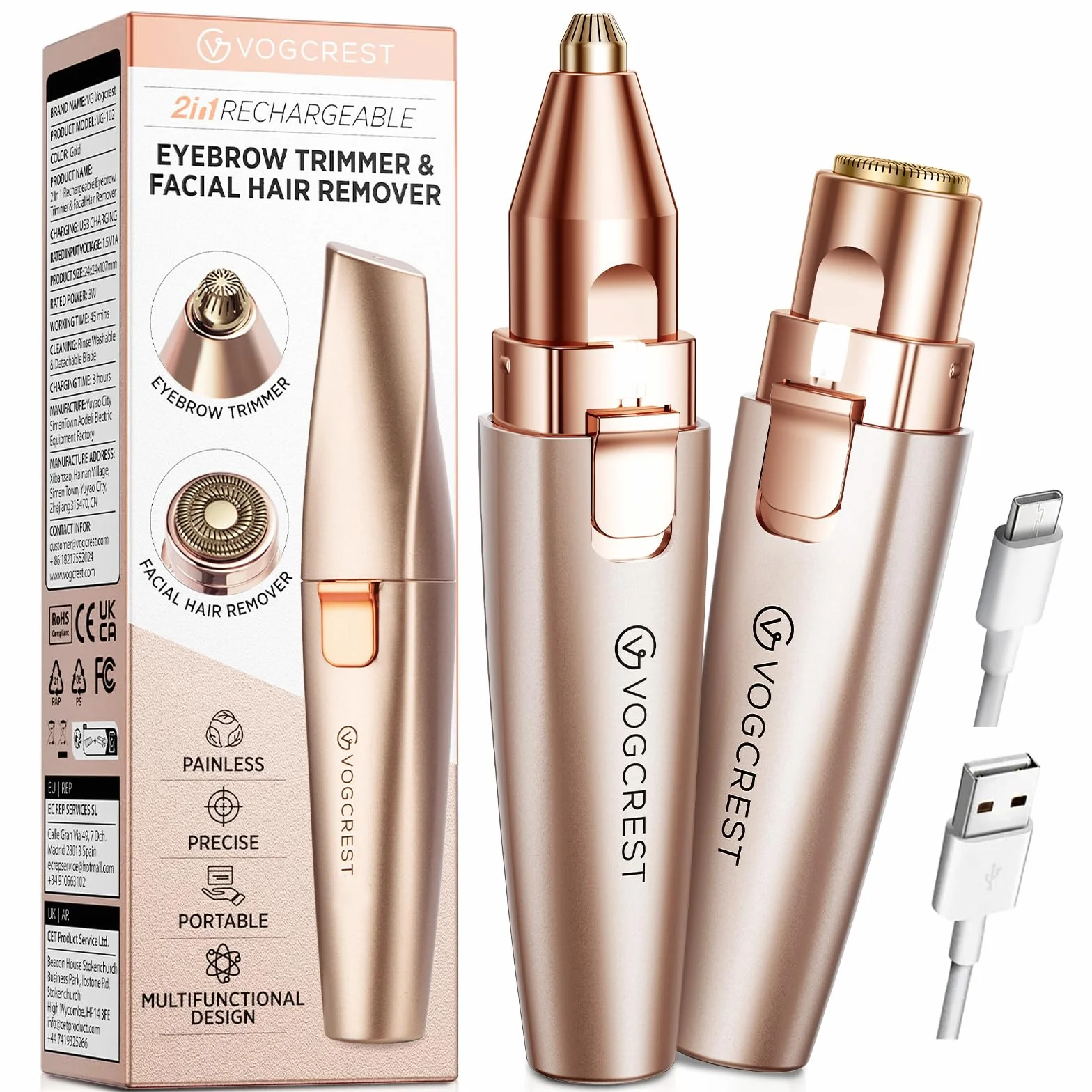 VG VOGCREST Rasoio per sopracciglia e viso 2 in 1 ricaricabile con luce LED, oro rosa