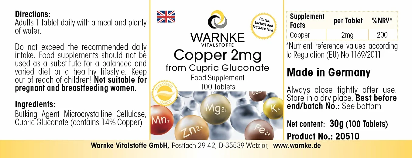 Rame 2mg integratore - Gluconato di rame - 100 compresse - Sostanza pura | Warnke Vitalstoffe - Qualità da farmacia tedesca