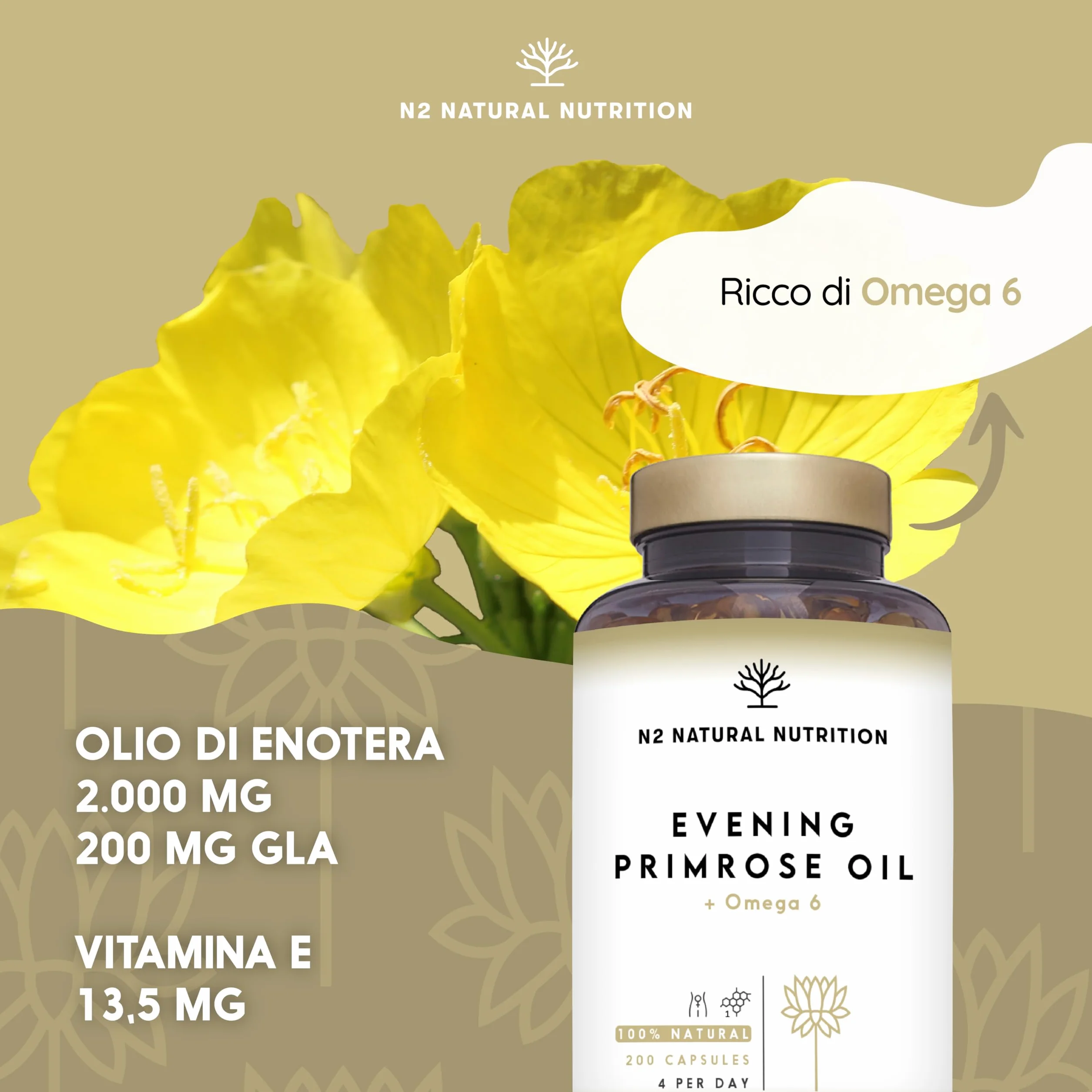 Olio di Enotera 200 Perle 2000 mg 10% GLA con Vitamina E e Omega 6 Integratore Menopausa