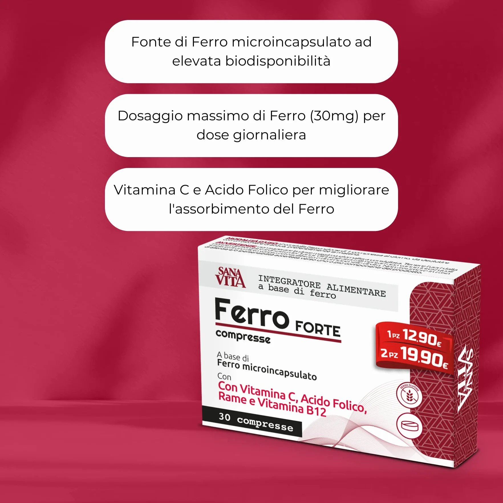 Sanavita Ferro Forte Integratore Alimentare con Ferro Alto dosaggio, Vitamina C, Rame, Acido Folido e Vitamina B12 Alo Dosaggio - 30 compresse