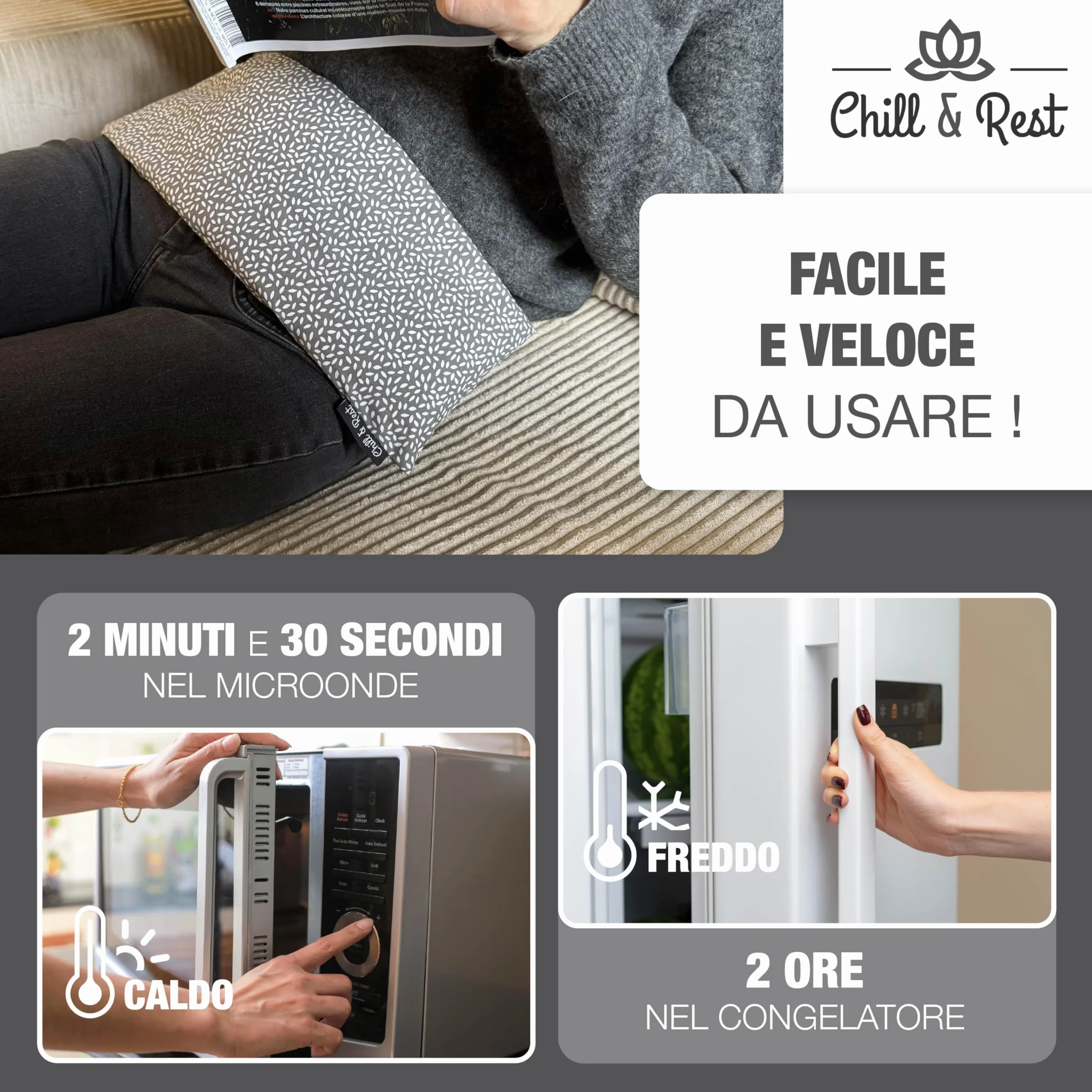 Chill&Rest - Cuscino termico microonde - cuscino riscaldante cervicale - semi di lino - cuscino riscaldabile - dolore cervicale - termoforo lombare - Grigio - La Anthracite